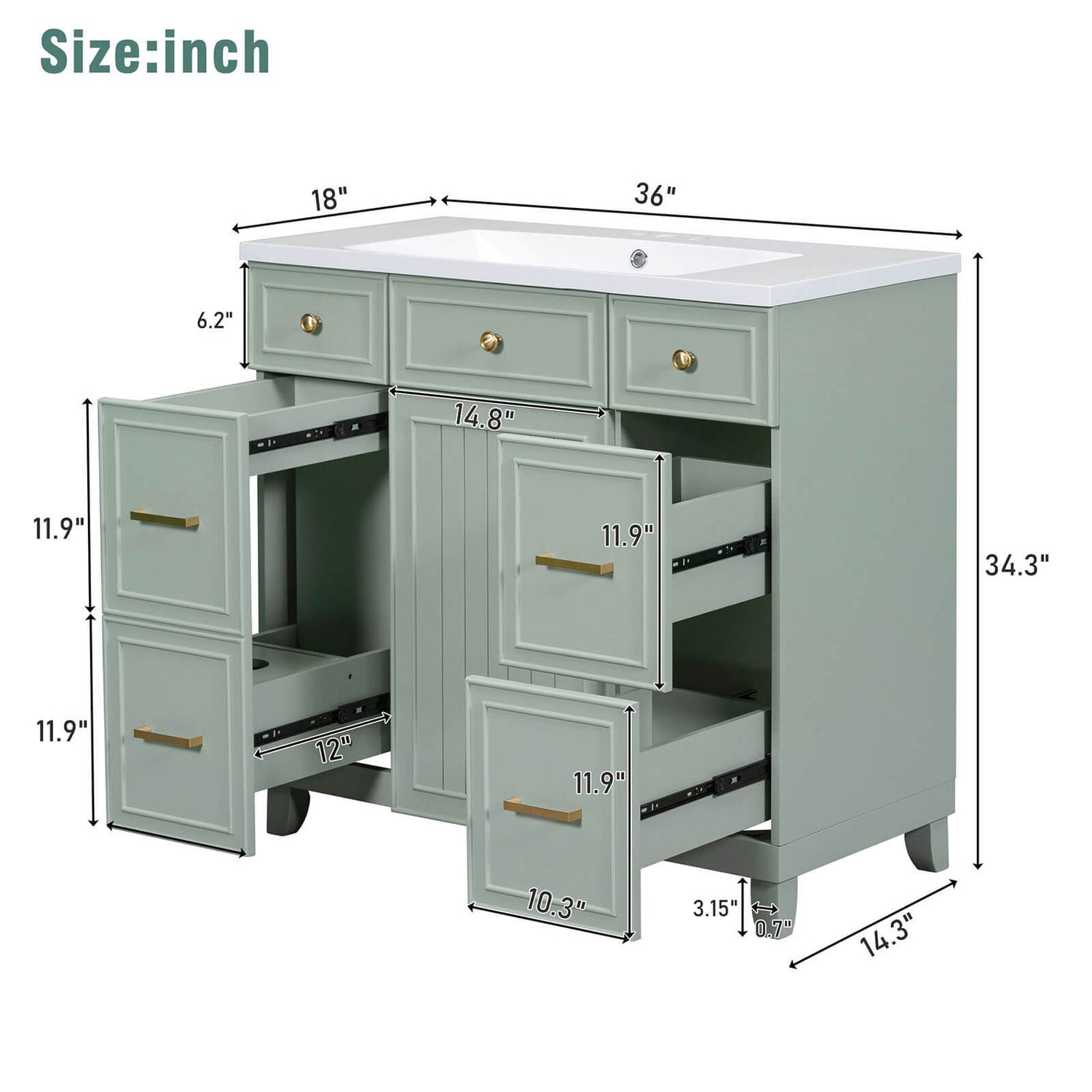 36 inch Green Bathroom Vanity with Integrated Resin Sink Overall Dimensions Specifications