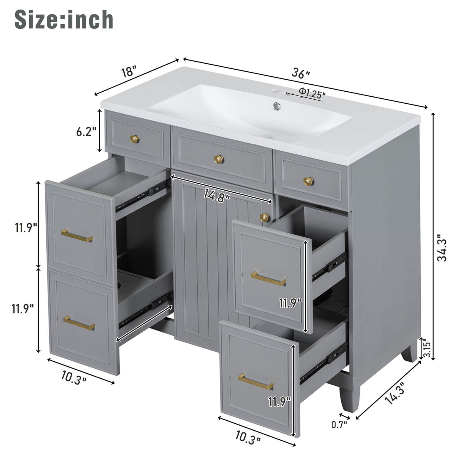 36 inch Grey Bathroom Vanity with Integrated Resin Sink Overall Dimensions Specifications