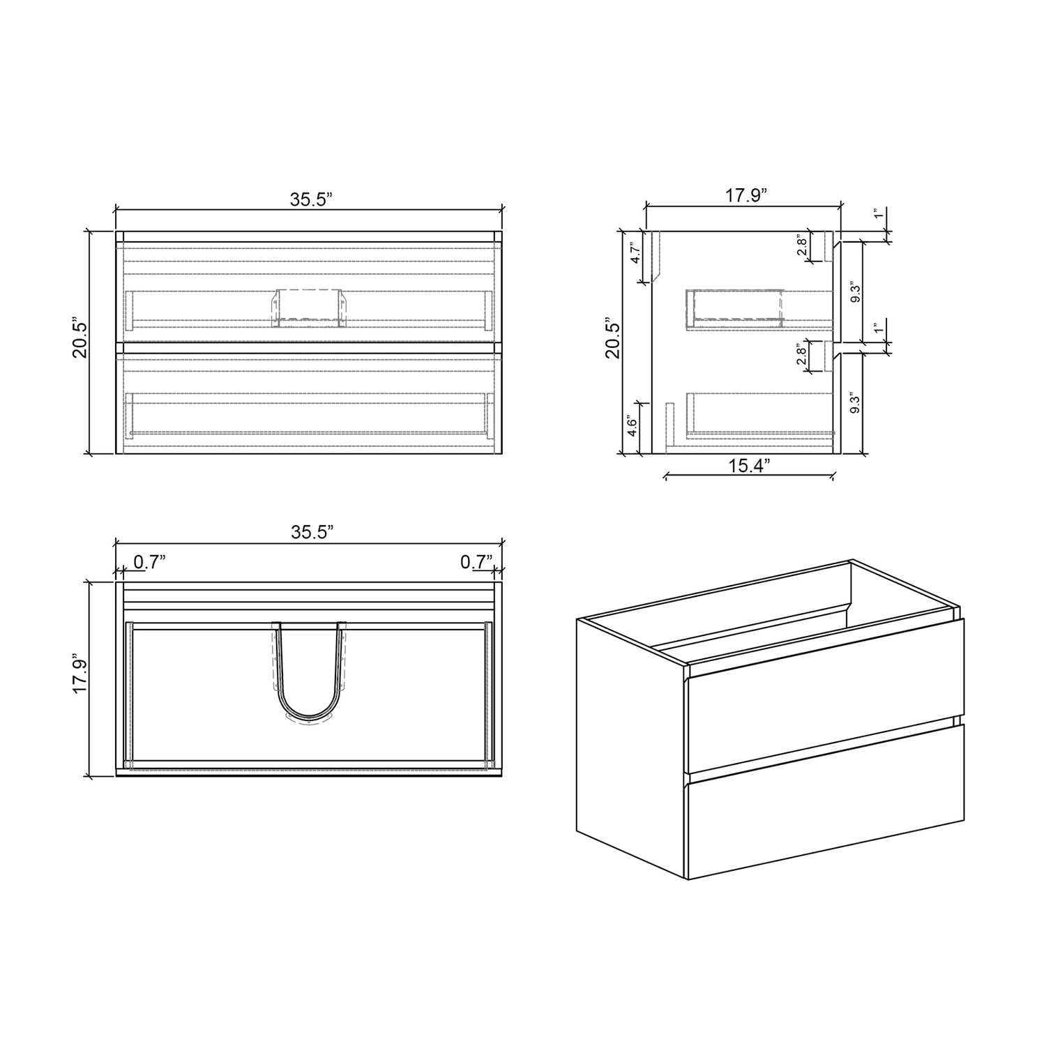 36 inch Grey Dressing Table with White Single Sink Dimensions Sketch