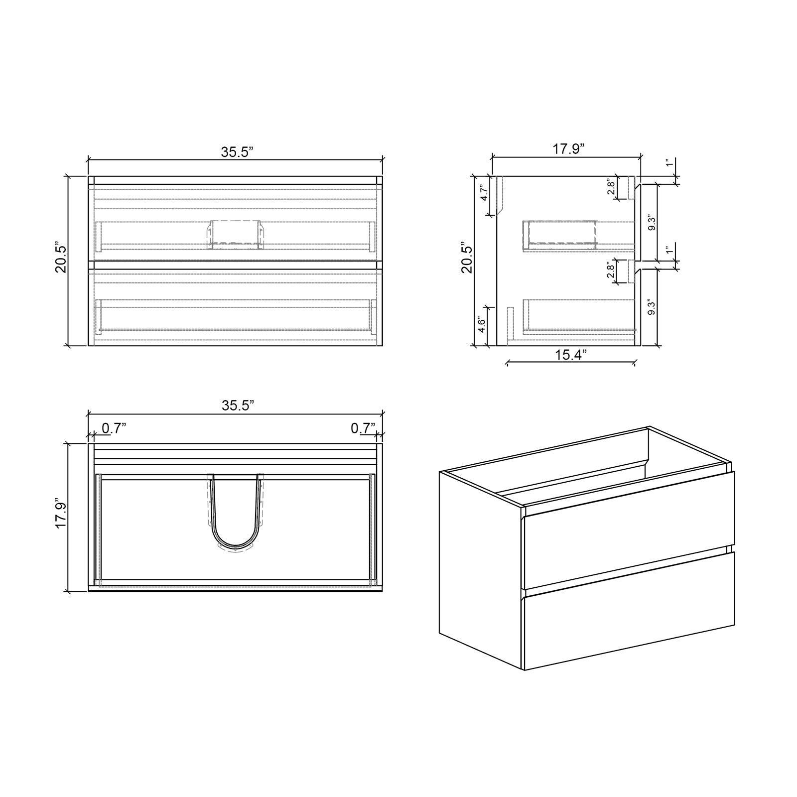 36 inch Grey Dressing Table with White Single Sink Dimensions Sketch