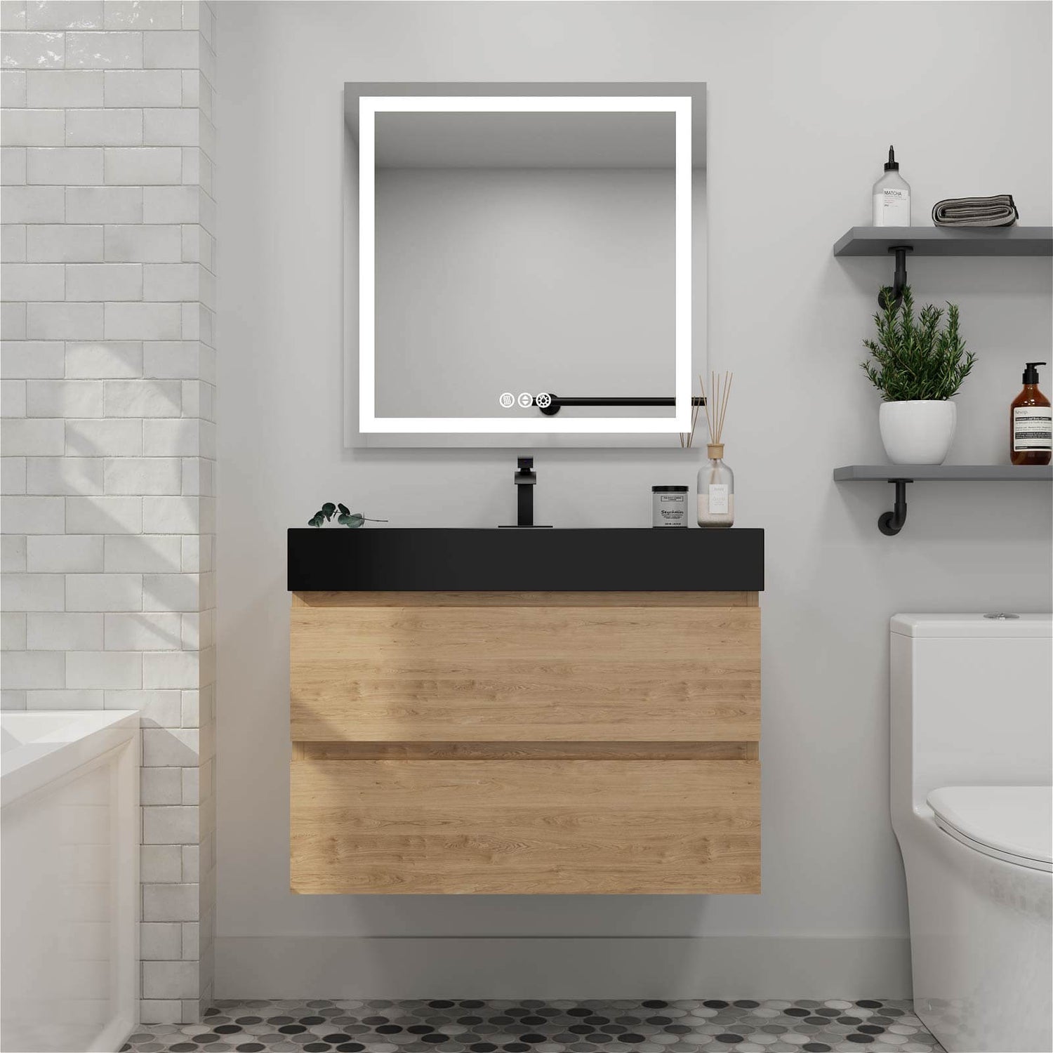 36 inch Oak Bathroom Vanity with Integrated Black Sink Basin