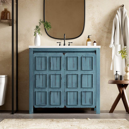 36 inch Retro Blue Bathroom Vanity with Grid Patterned Doors