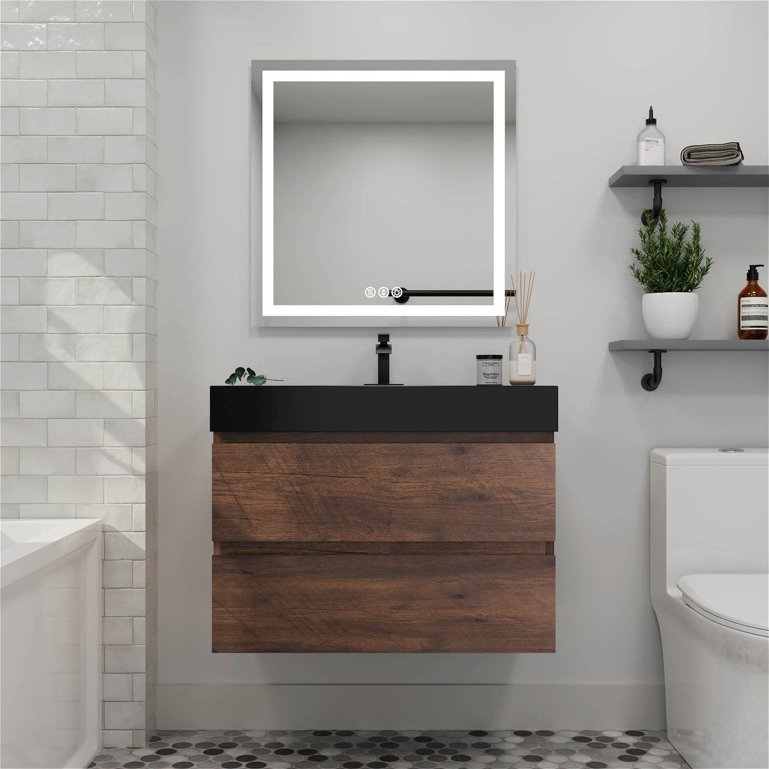 36 inch Walnut Bathroom Vanity with Integrated Black Sink Basin