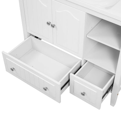 36 inch White Bathroom Vanity Cabinet Bottom Drawer Detail Shown Only