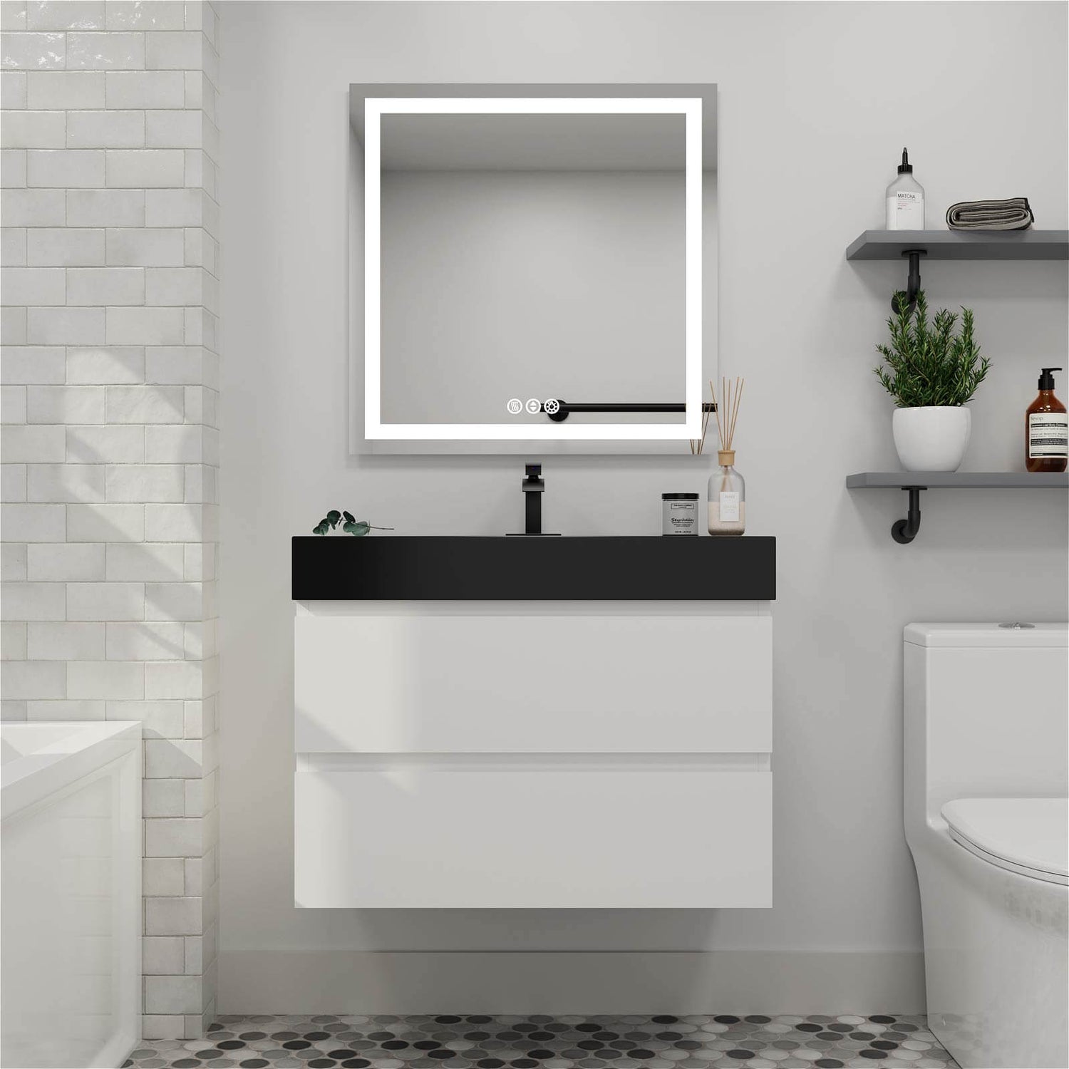 36 inch White Bathroom Vanity with Integrated Black Sink Basin