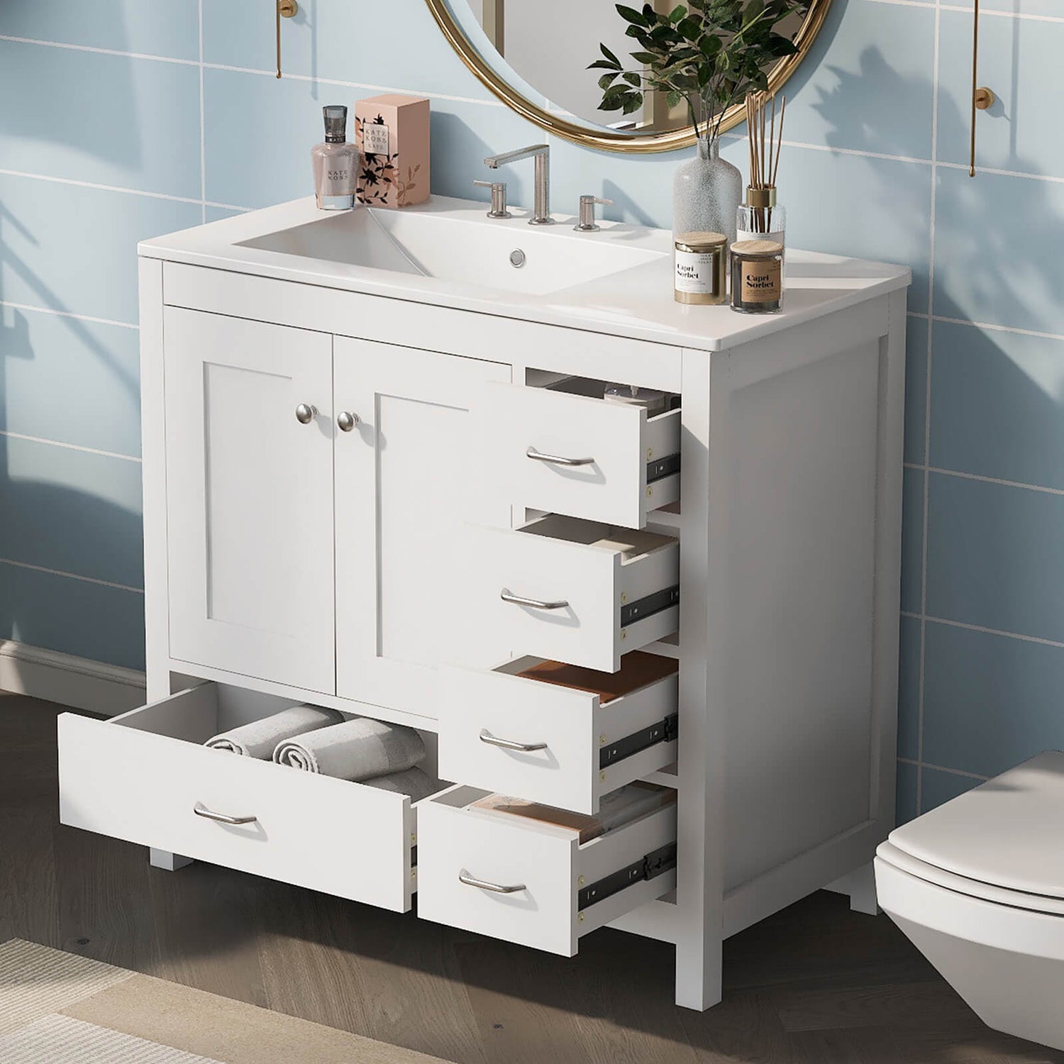 36 inch White Bathroom Vanity with Right Side Drawer and Ceramic Sink