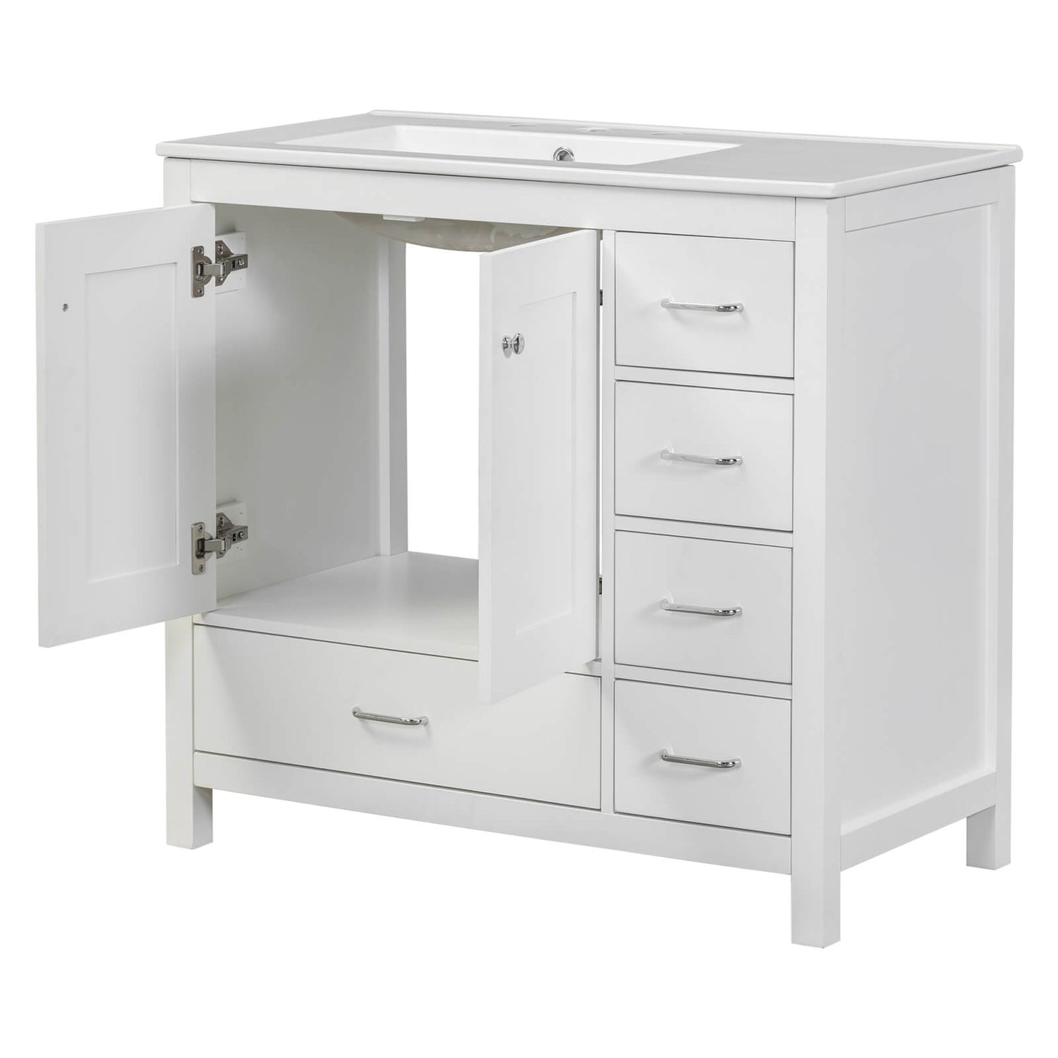 36 inch White Bathroom Vanity with Right Side Drawers and Ceramic Sink