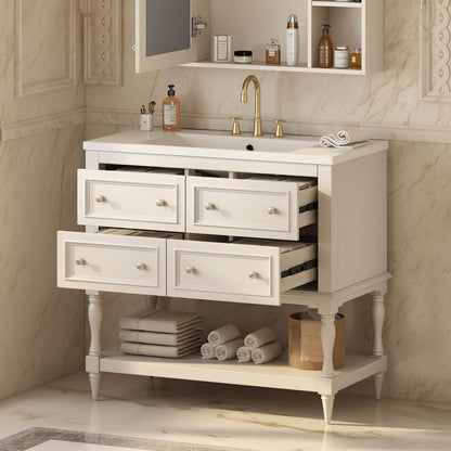 36 inch beige bathroom vanity with open bottom shelf for easy storage