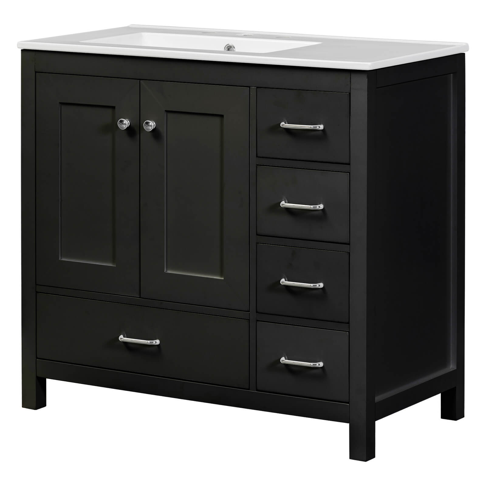 36 inch black bathroom vanity with left side sink and right side storage solution