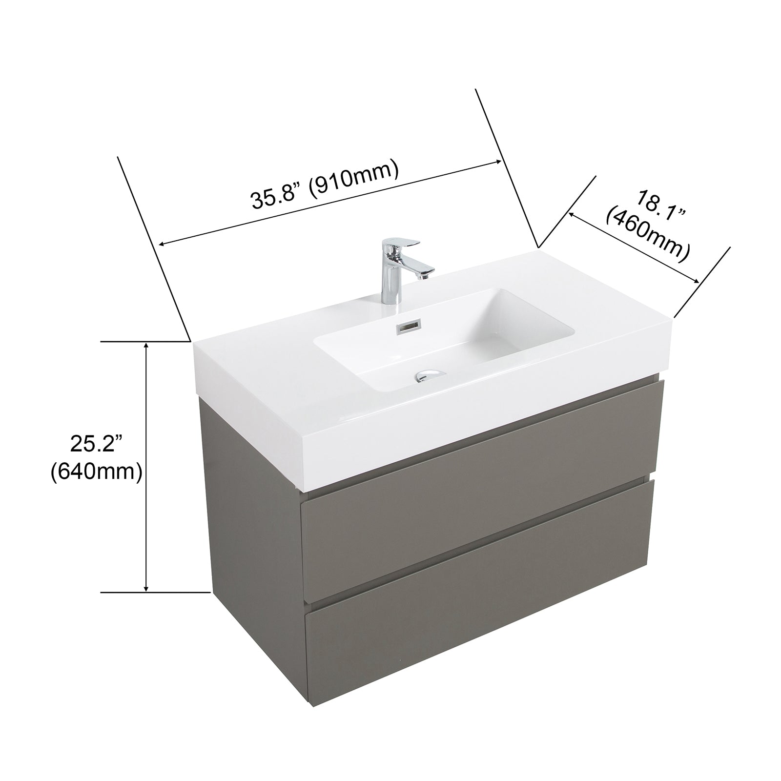 36 inch grey vanity with white single sink dimensions and specifications