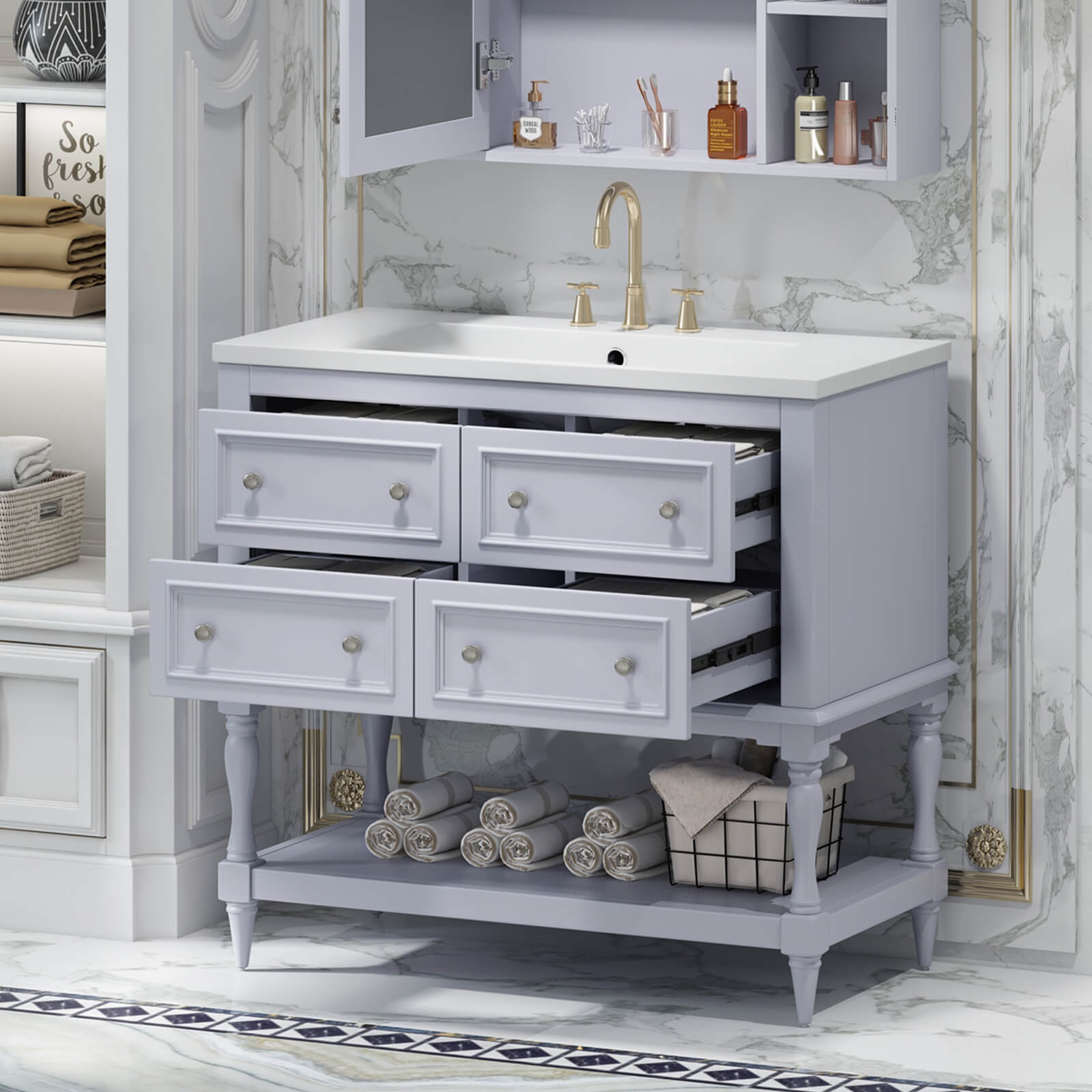 36 inch light blue bathroom vanity with open bottom shelf for easy organization