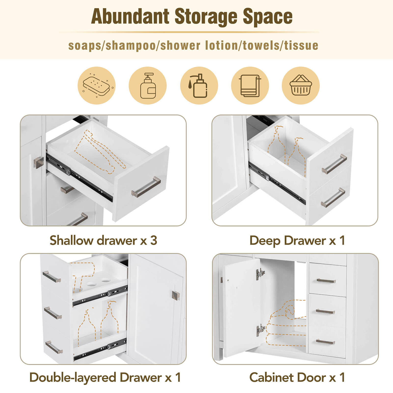 36 inch white bathroom vanity storage diagram with 6 drawers