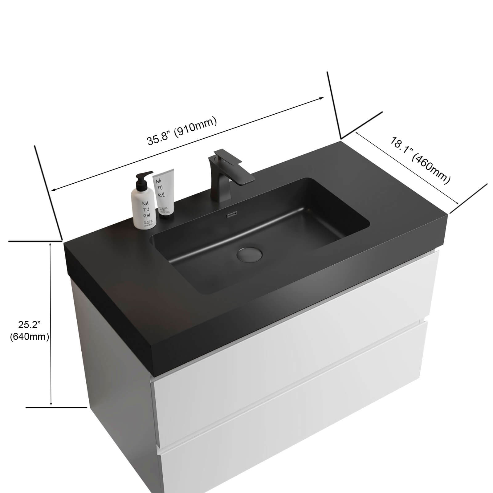 36 inch white bathroom vanity with integrated black basin dimensions chart