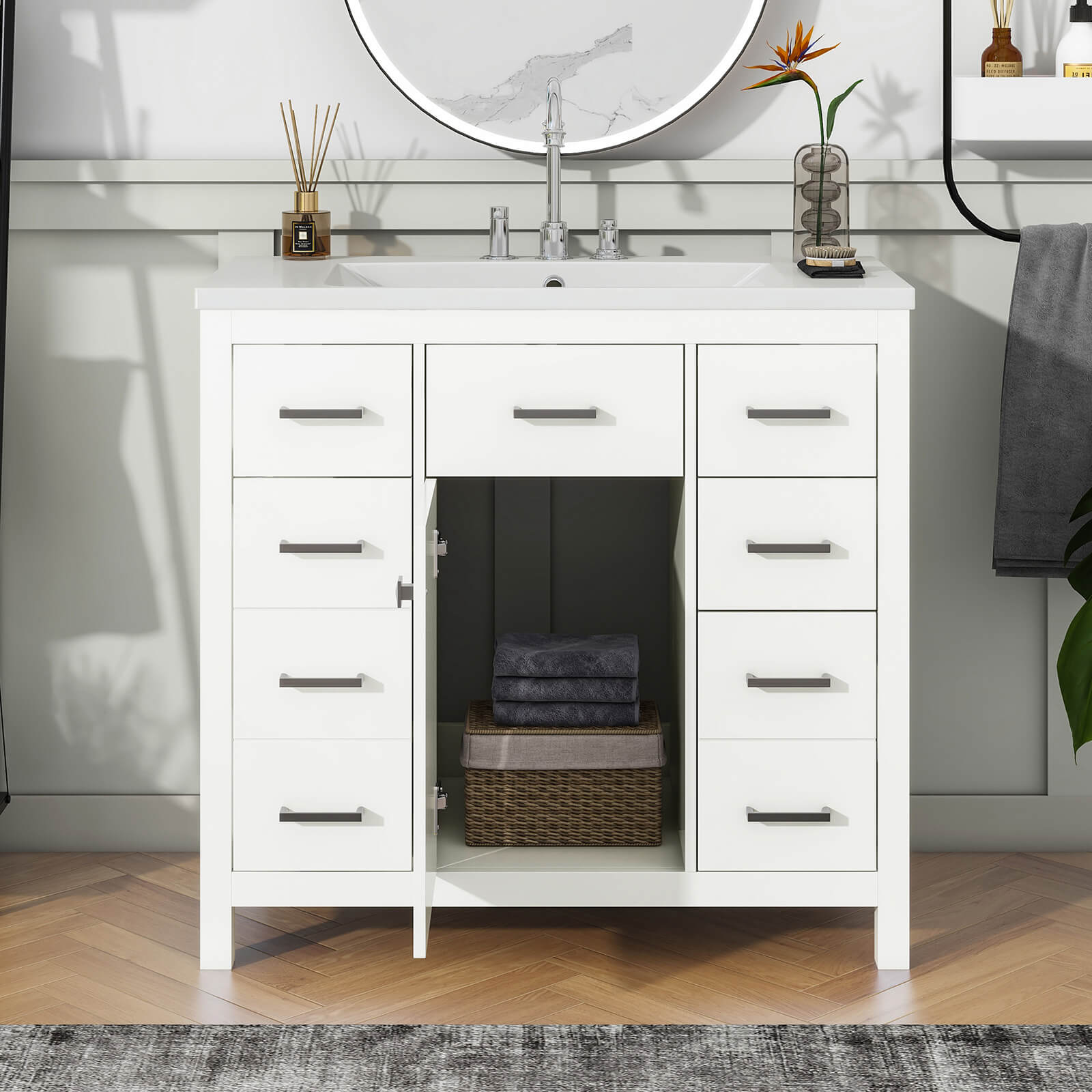 36 inch white bathroom vanity with six drawers and one cabinet door