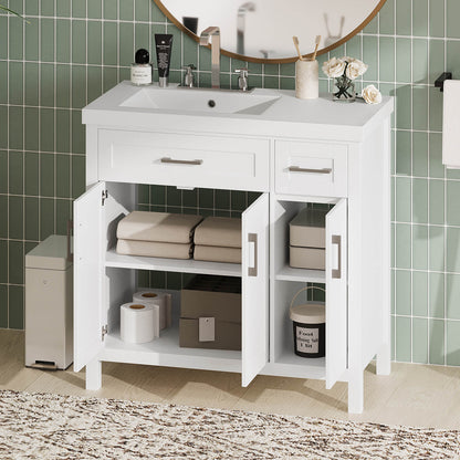 36 inch white vanity with left offset sink and convenient 3 hole faucet setup