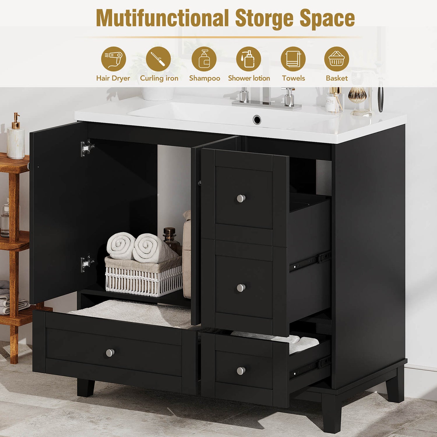 36-inch black vanity with top drawer USB ports and organized storage