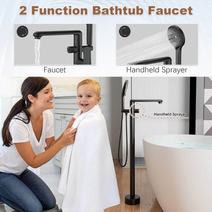 360° Rotatable Floor Mount Tub Filler Freestanding Bathtub Faucet with 3-Spray Handheld