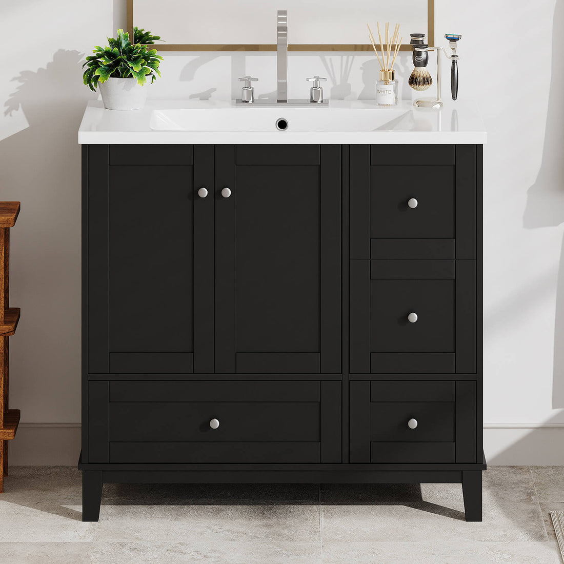 36 inch Black Bathroom Vanity with Integrated USB Charging