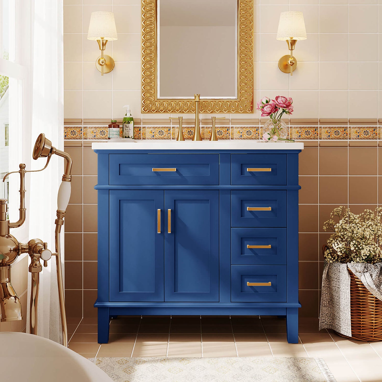 36 inch Navy Blue Solid Wood Bathroom Vanity with Resin Sink