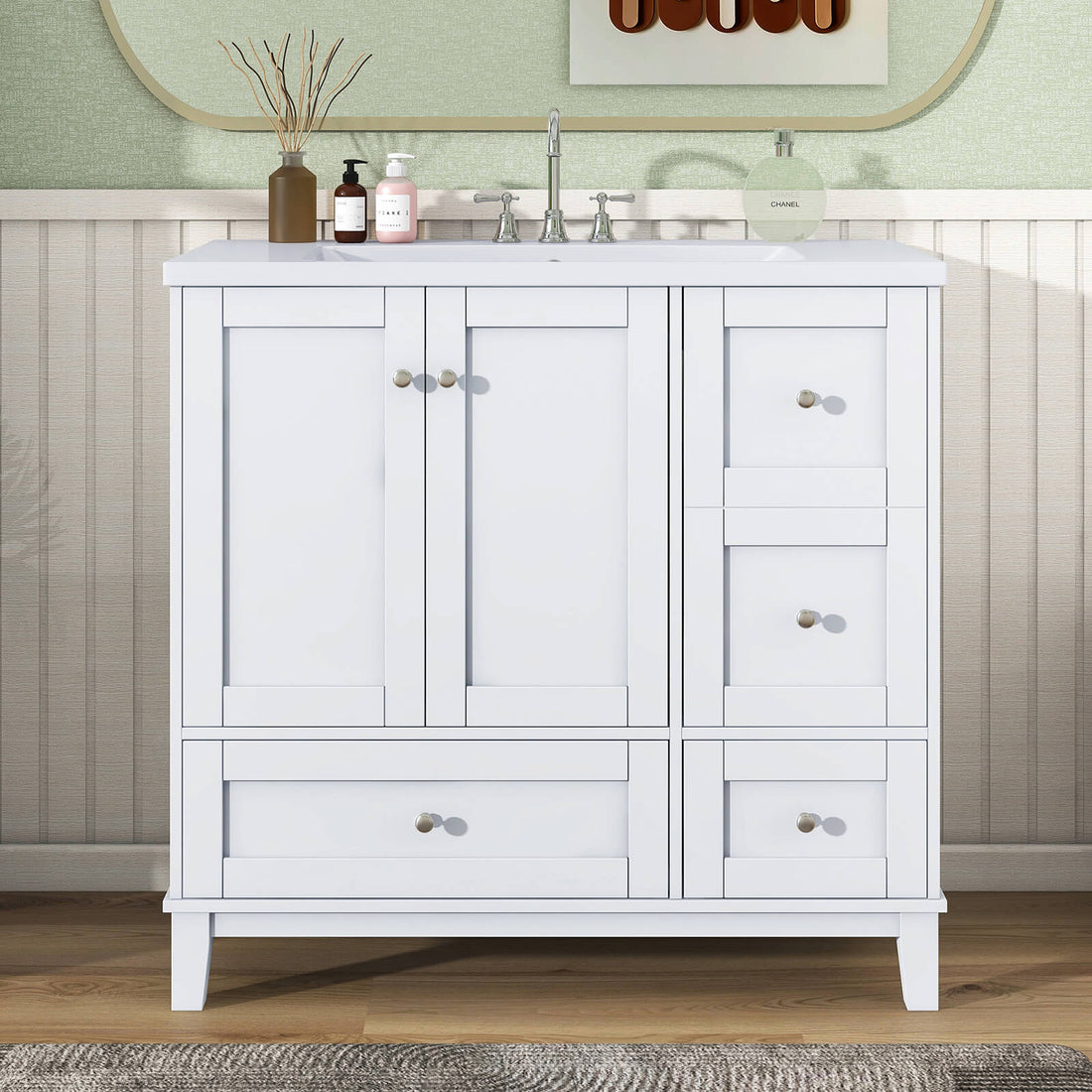 36 inch White Bathroom Vanity with Integrated USB Charging