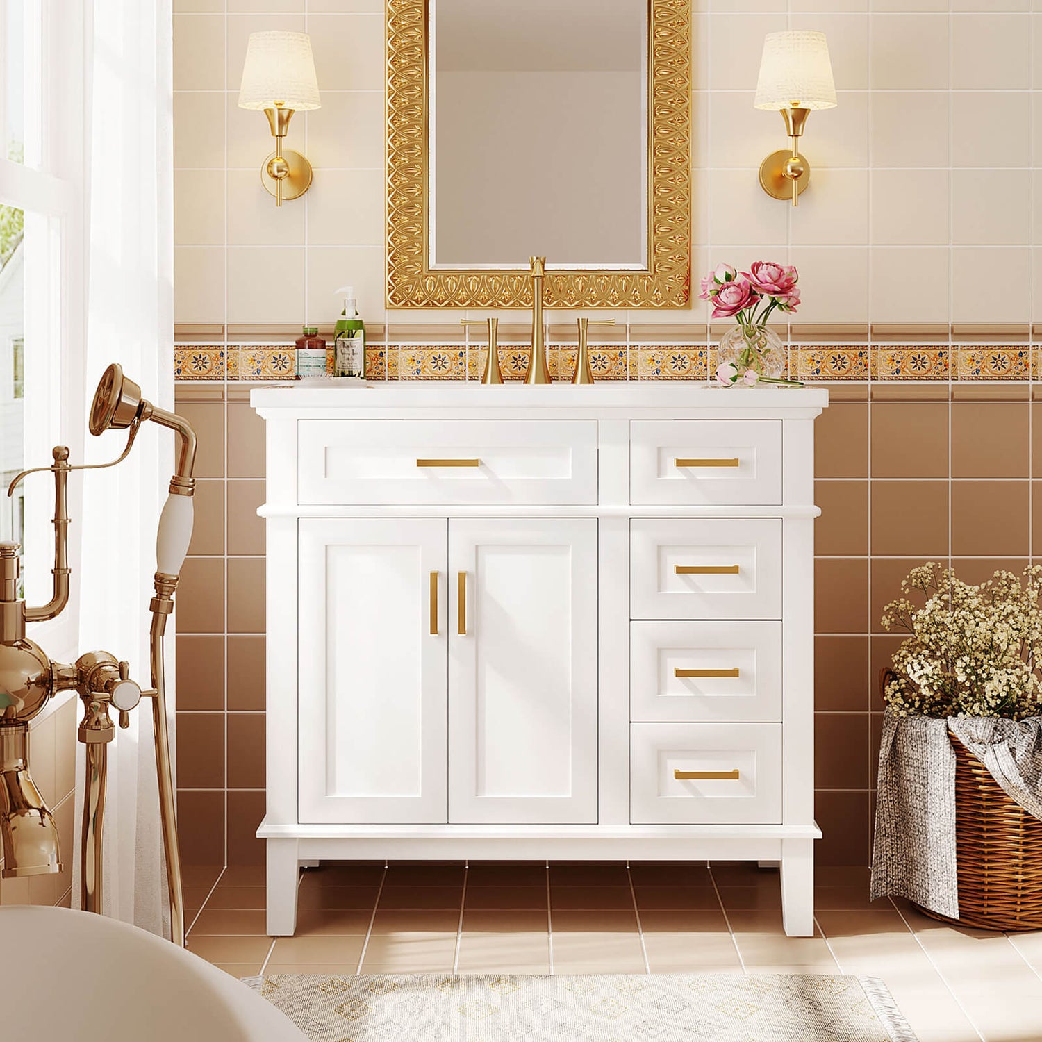 36 inch White Solid Wood Bathroom Vanity with Resin Sink