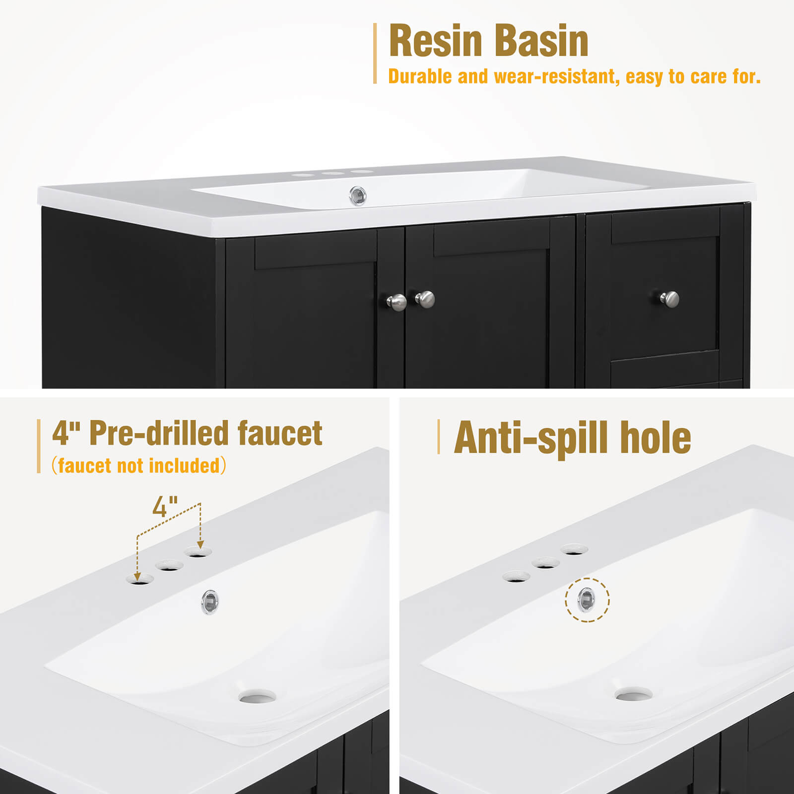 36 inch black bathroom vanity sink with integrated USB charging shown at various angles