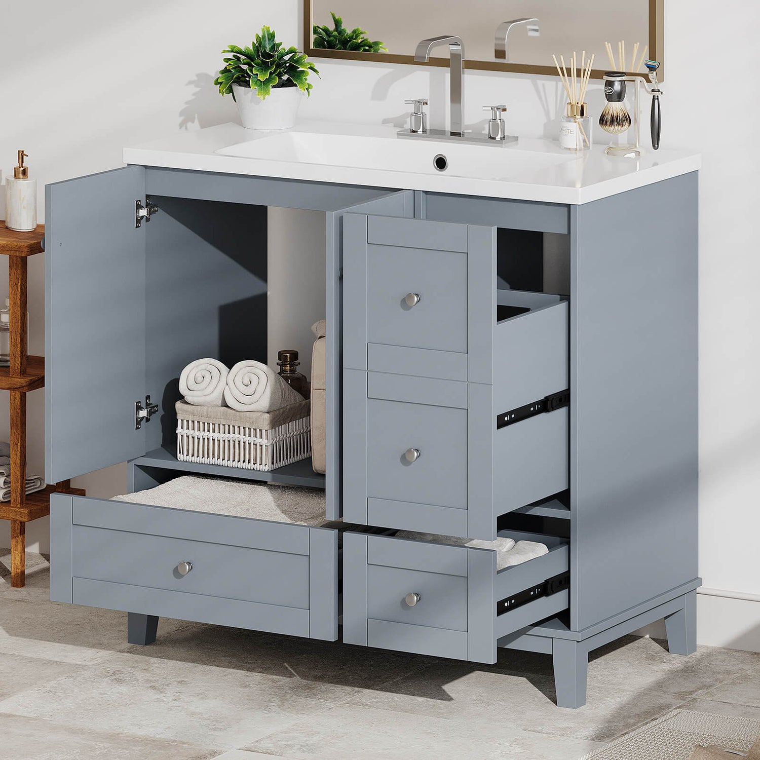 36 inch gray vanity with solid wood construction