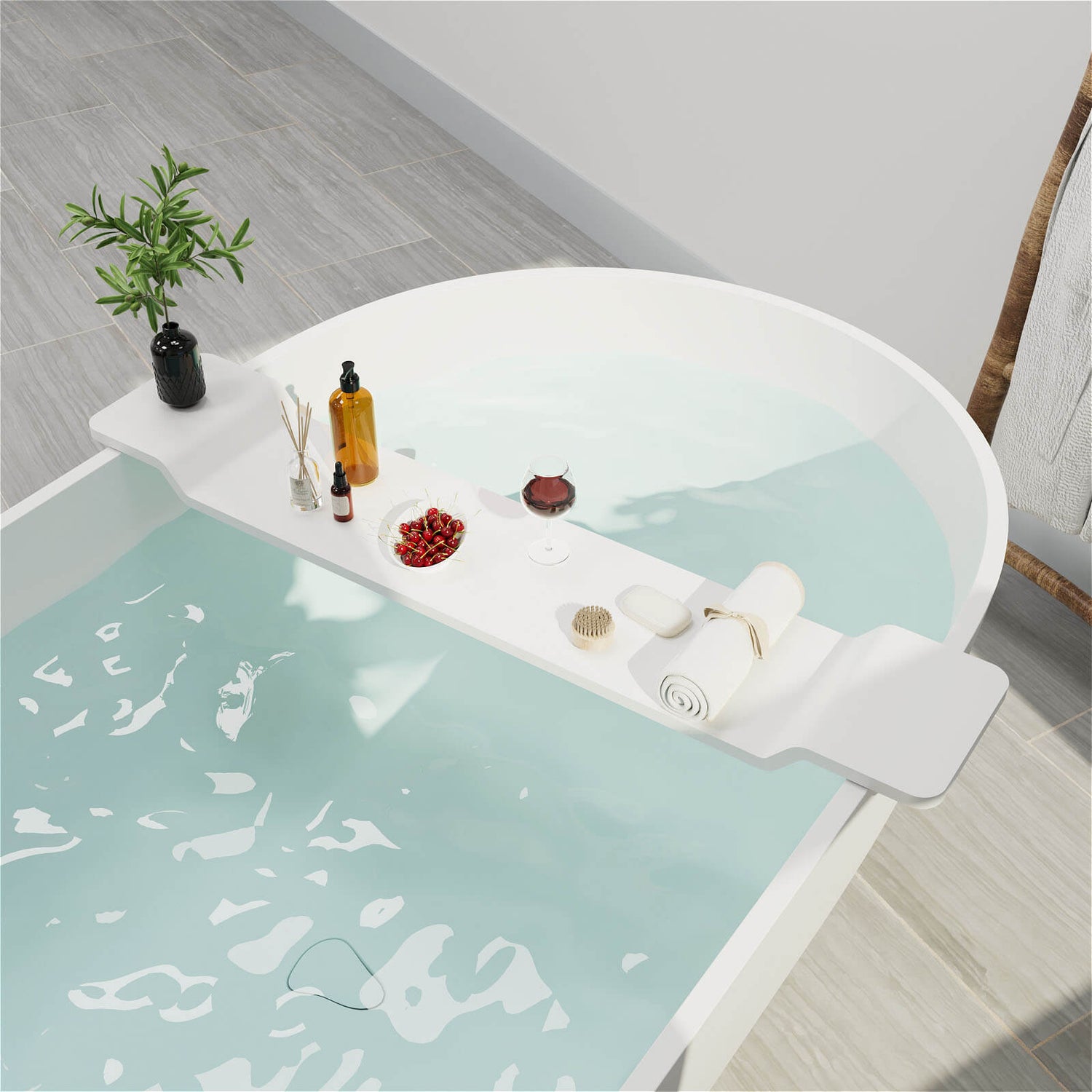 65&quot; Modern Oval Tub Solid Surface Stone Resin Freestanding Soaking Bathtub with Tub Tray