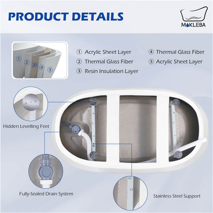 Mokleba 63&quot; Acrylic End Drain Freestanding Tub with Pop-up Drain