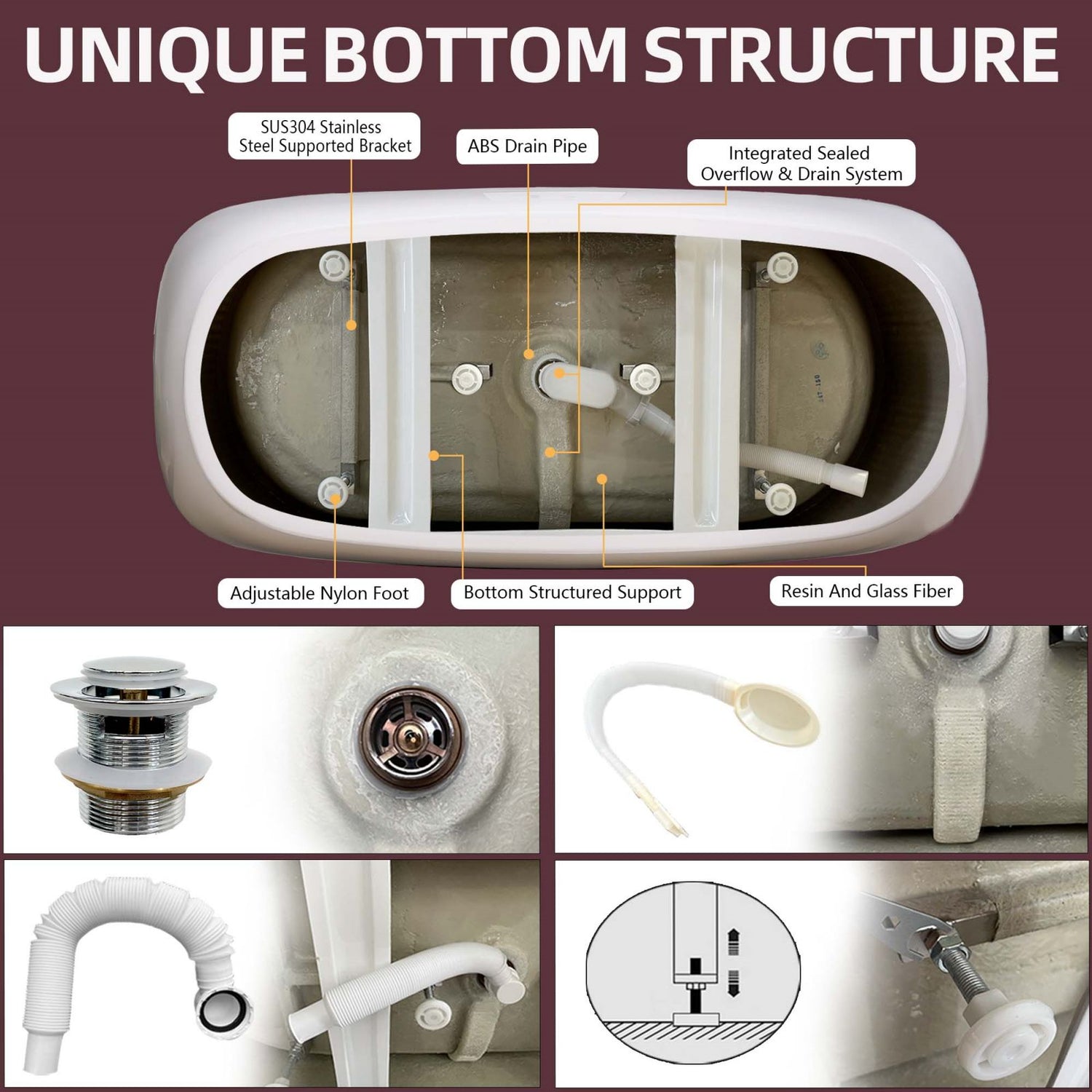 Detail of the bottom of the 67&quot; acrylic wide rimmed deck tub