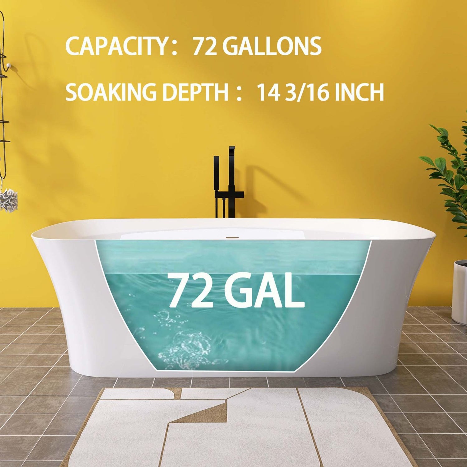 Schematic diagram of water capacity for a 67&quot; beveled edge, flat bottom acrylic bathtub