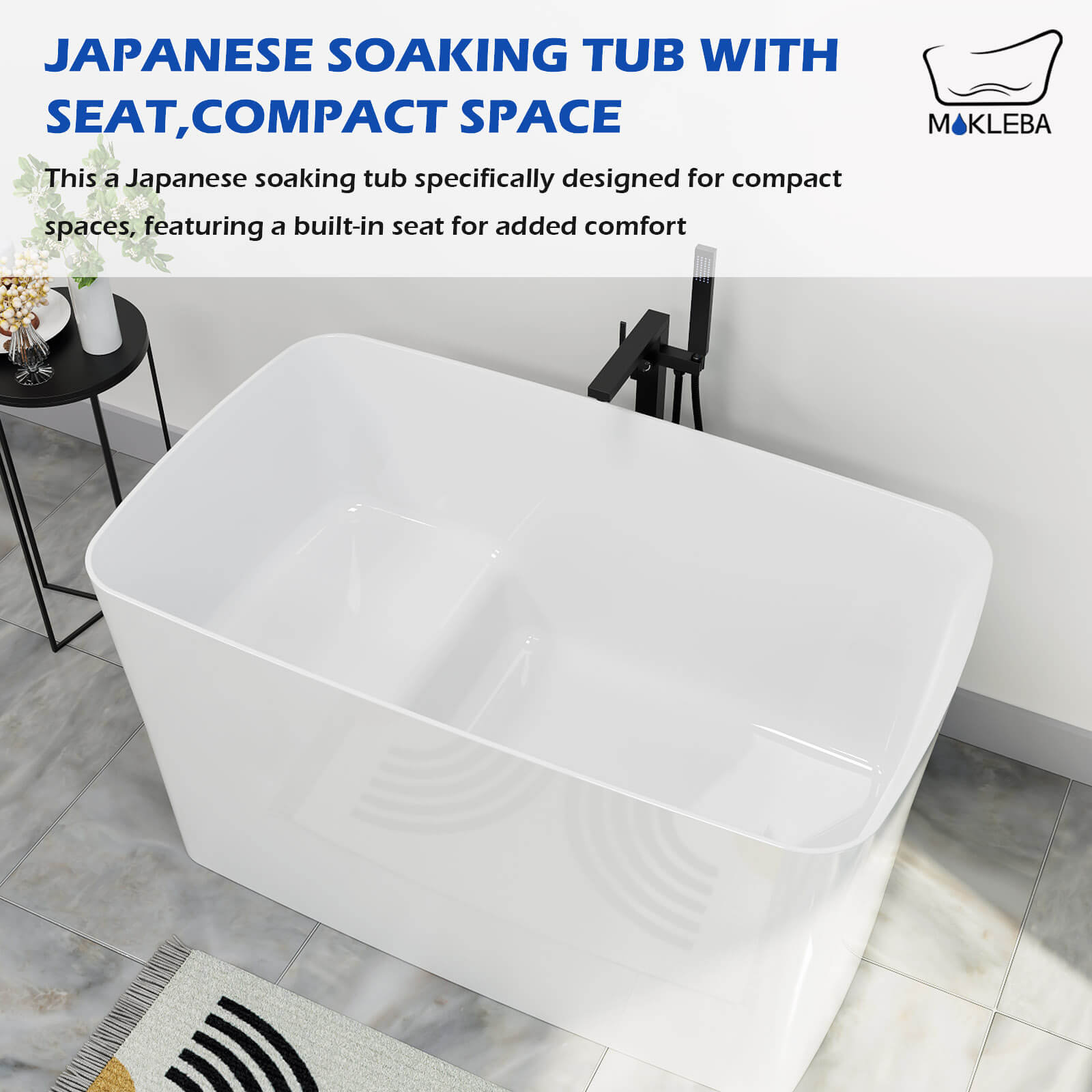 Mokleba 47&quot; Acrylic Freestanding Japanese Soaking Bathtub with Built-in Seat Glossy White