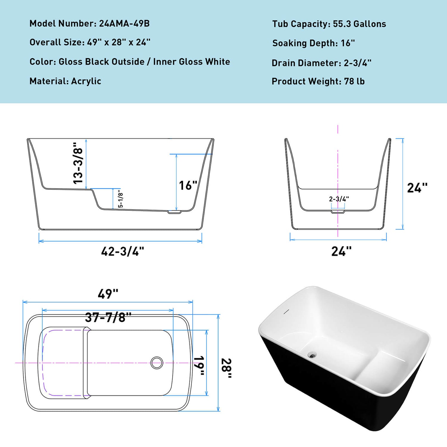 49 inch Small Sit In Soaking Tub Dimensions Outline