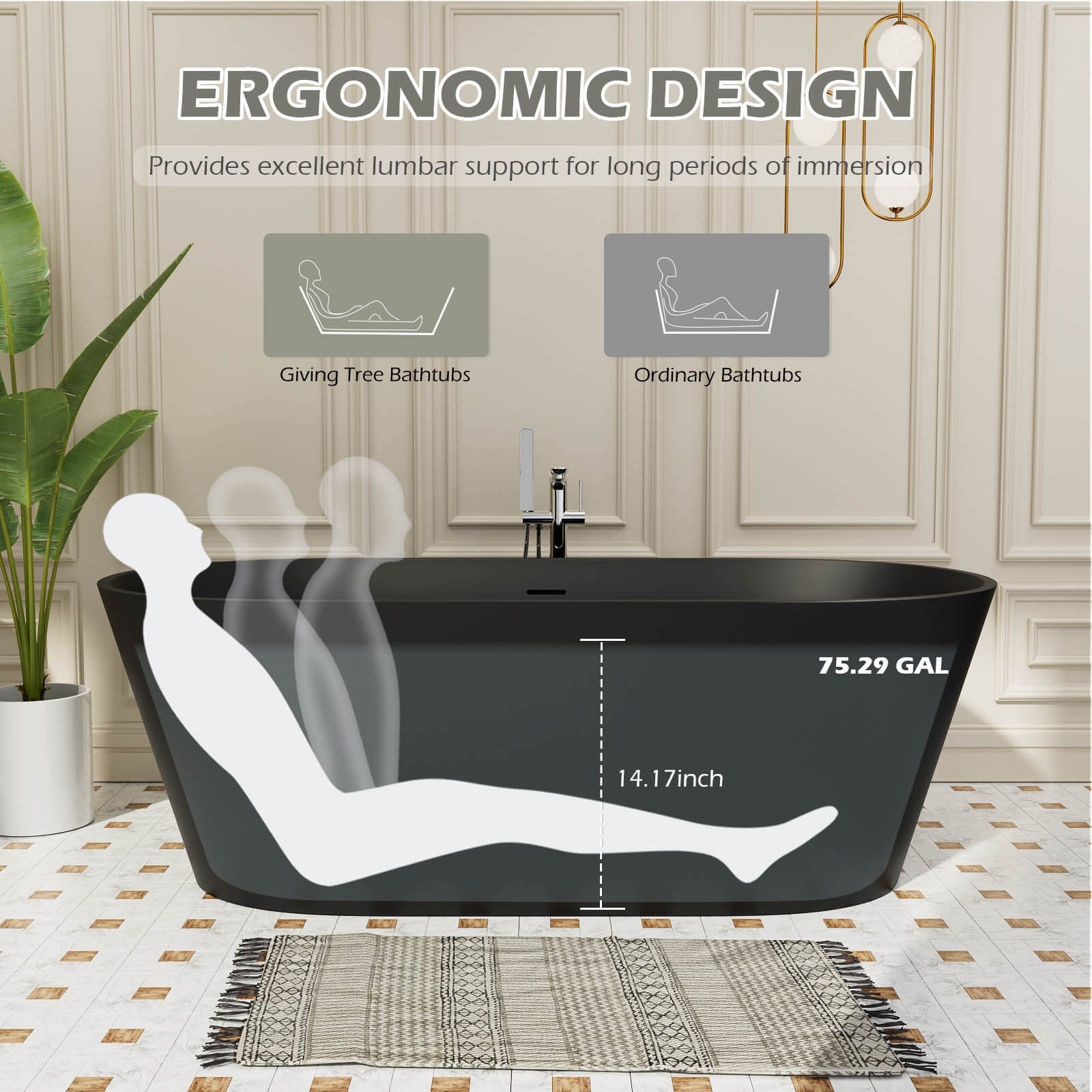 65&quot; Stone Resin Bathtub Oval-shaped Solid Surface Stand Alone Tub with Pop-up Drain