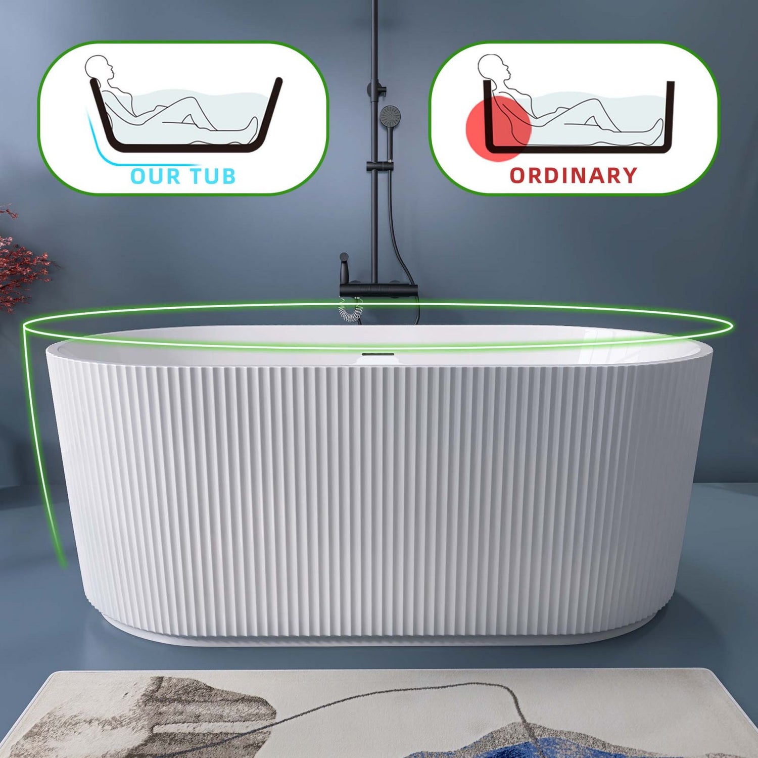 59&quot; Acrylic Grooved Deep Soaking Tub Backrest Angle Diagram