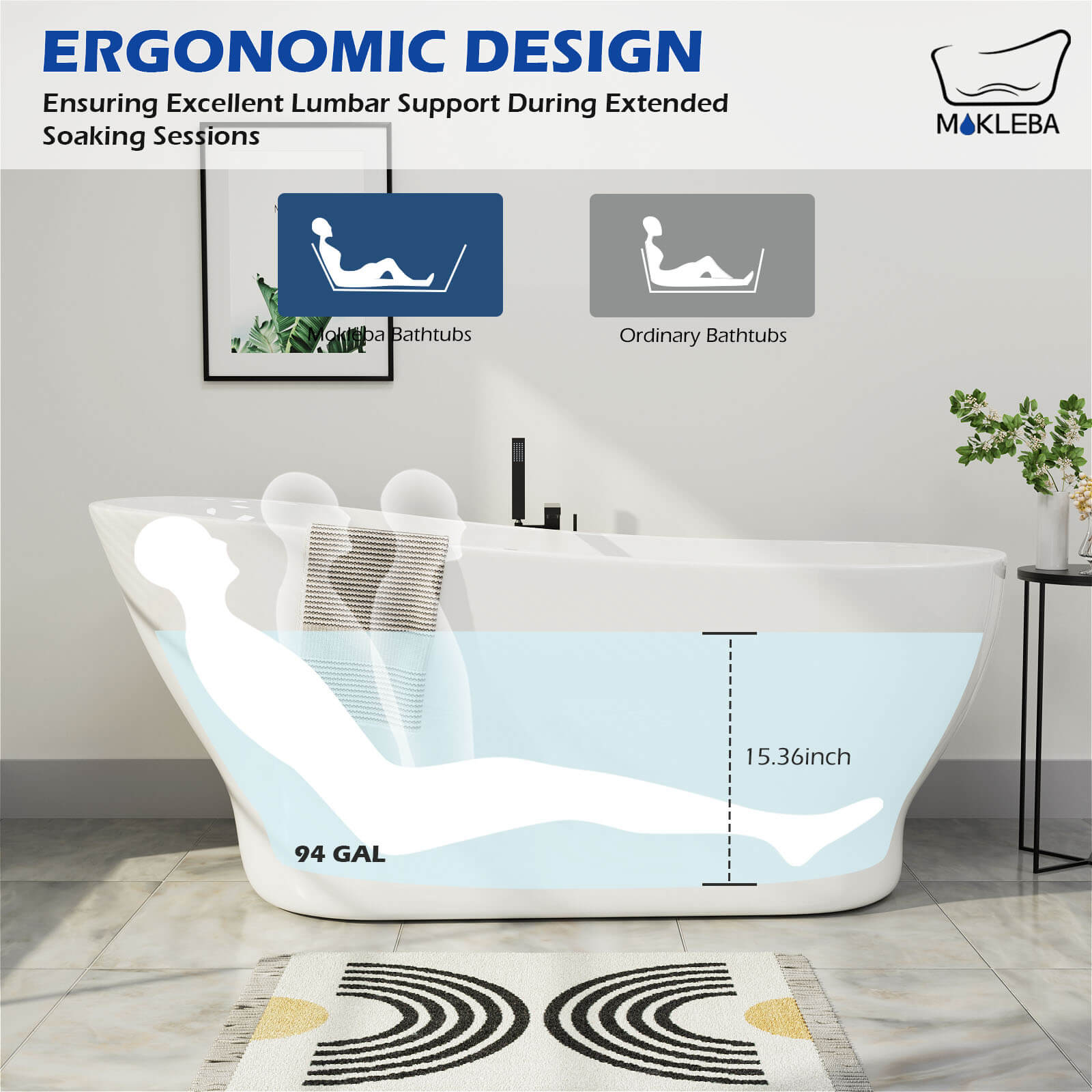 Mokleba 67&quot; Acrylic Single Slipper Tub Curve Shape Freestanding Bathtub