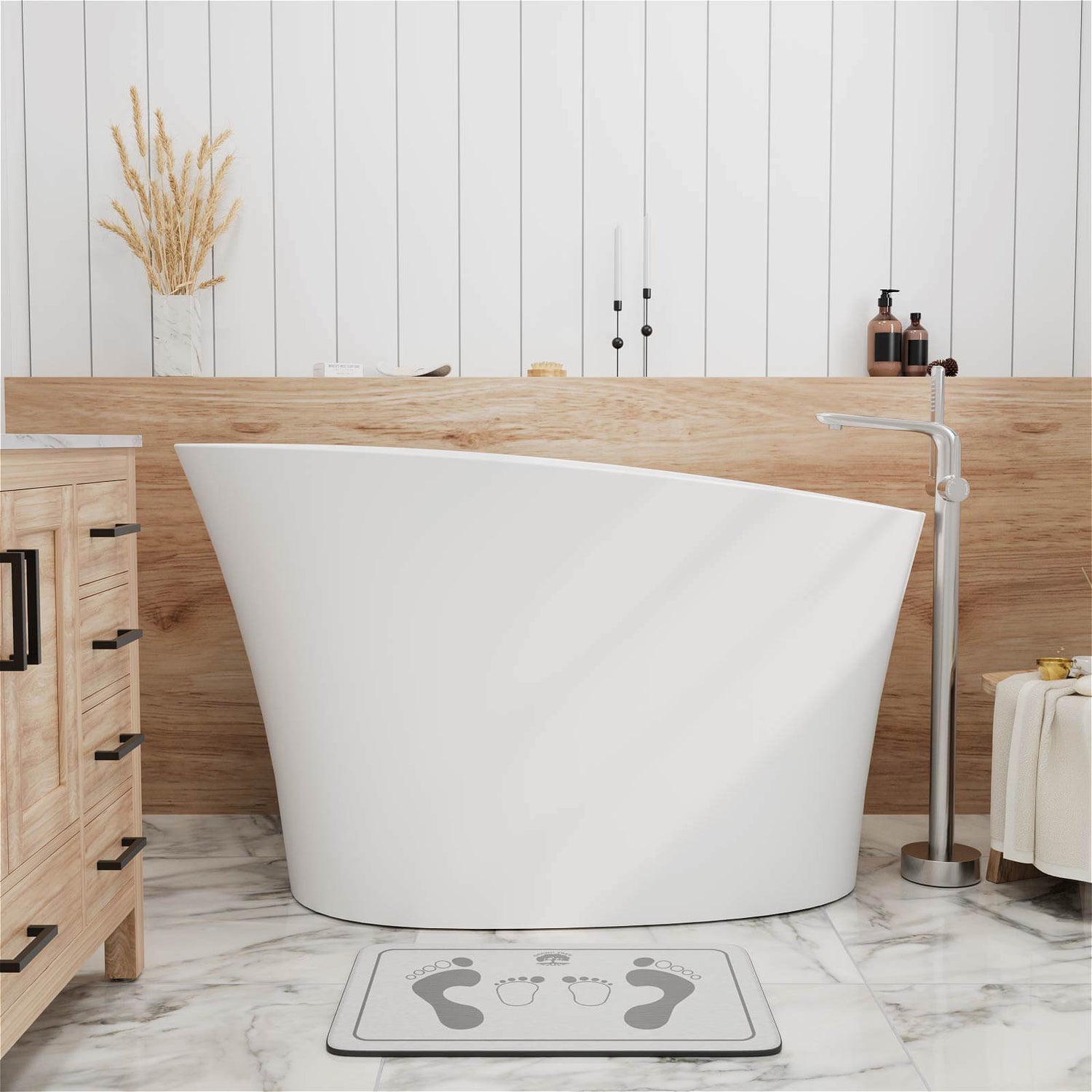 51&quot; Single Slipper Freestanding Japanese Soaking Bathtub Solid Surface Stone Resin Tub with Built-in Seat