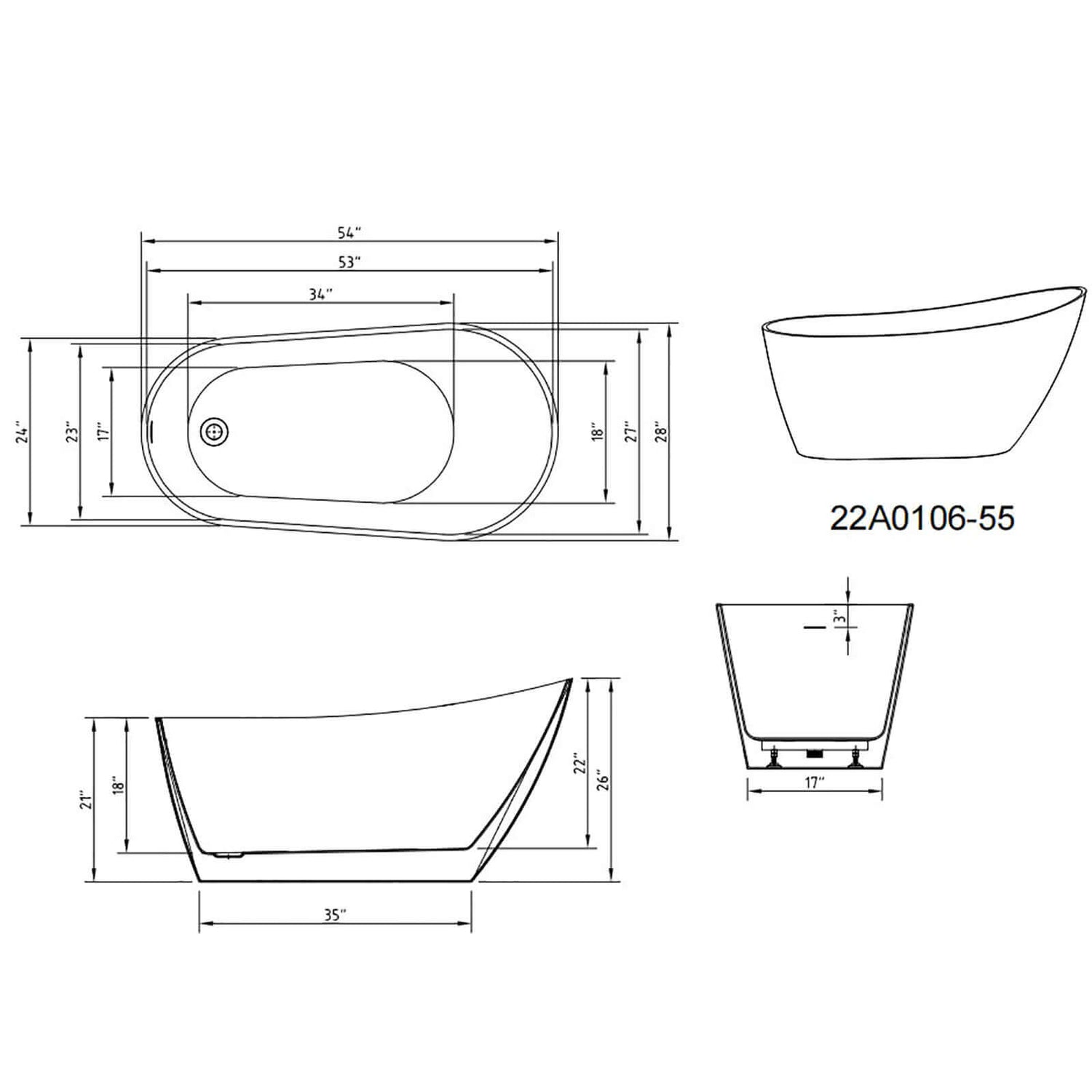 54 Inch Acrylic Slipper Freestanding Tub Dimensions Outline