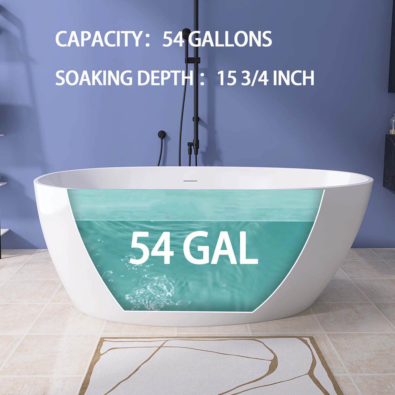 55 Inch Glossy White Acrylic Freestanding Bathtub Water Capacity Display