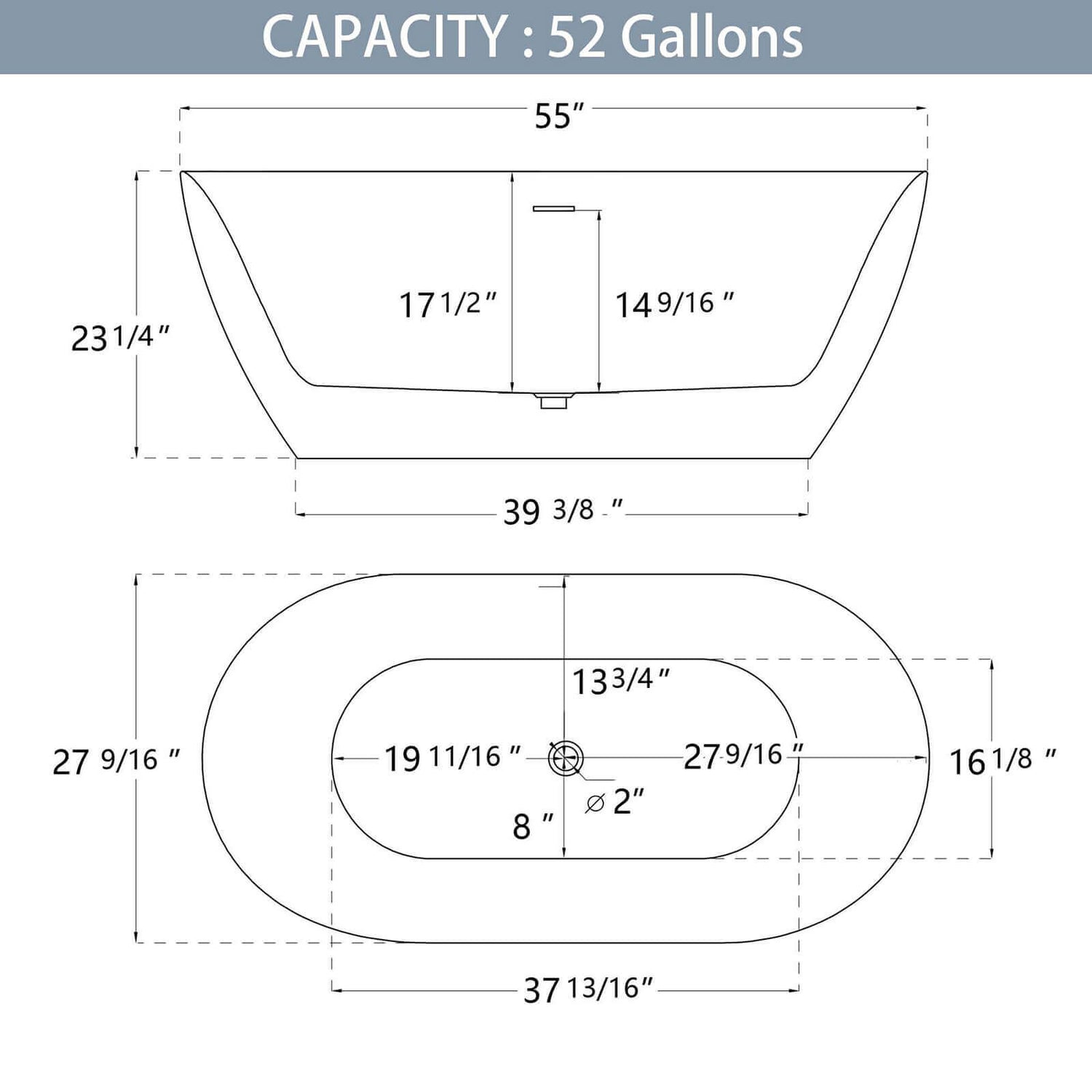 55 inch Adjustable Feet Acrylic Soaking Tub Dimensions Outline Chart