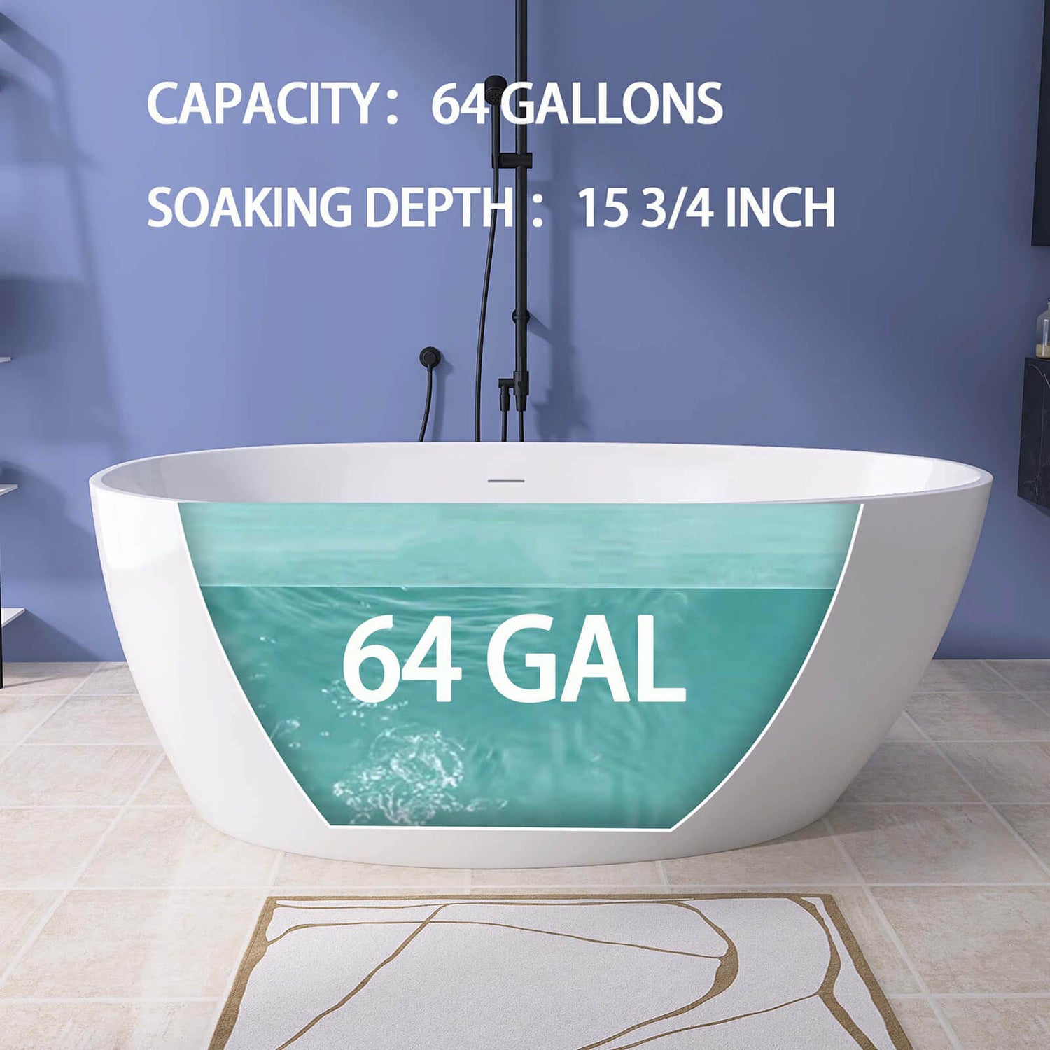 59 Inch Insulated Acrylic Soaking Tub Water Capacity Chart