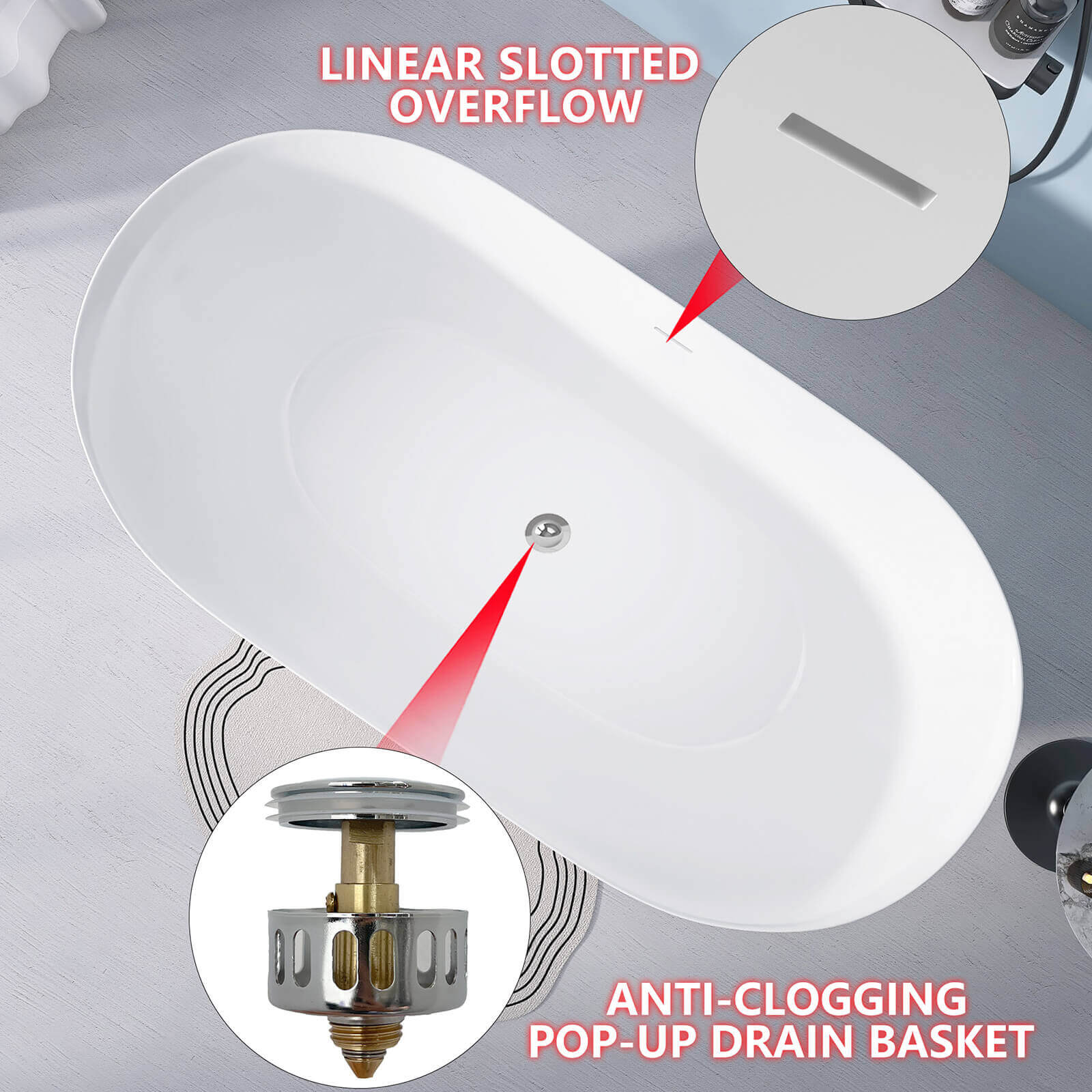 59-InchAnti-Clog Classic Oval Acrylic Tub Drain and Overflow