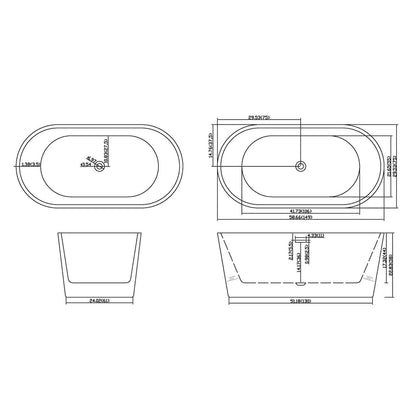 59 inch Non Porous Acrylic Bathtub Outline Dimensions Drawing