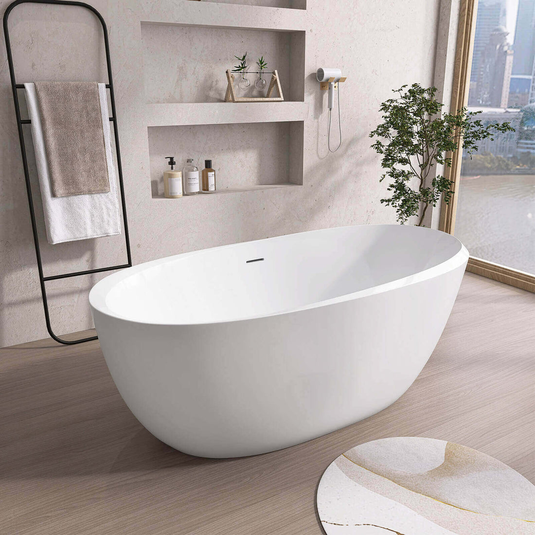 59 inch Oval White Thick Rim Acrylic Bathtub