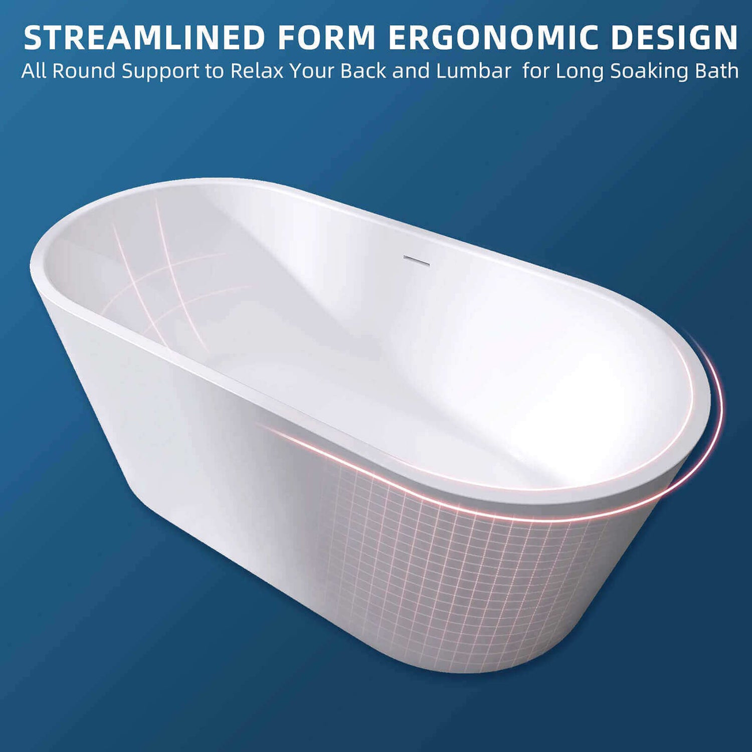 59 inch gloss white freestanding bathtub with ergonomic oval curved edges