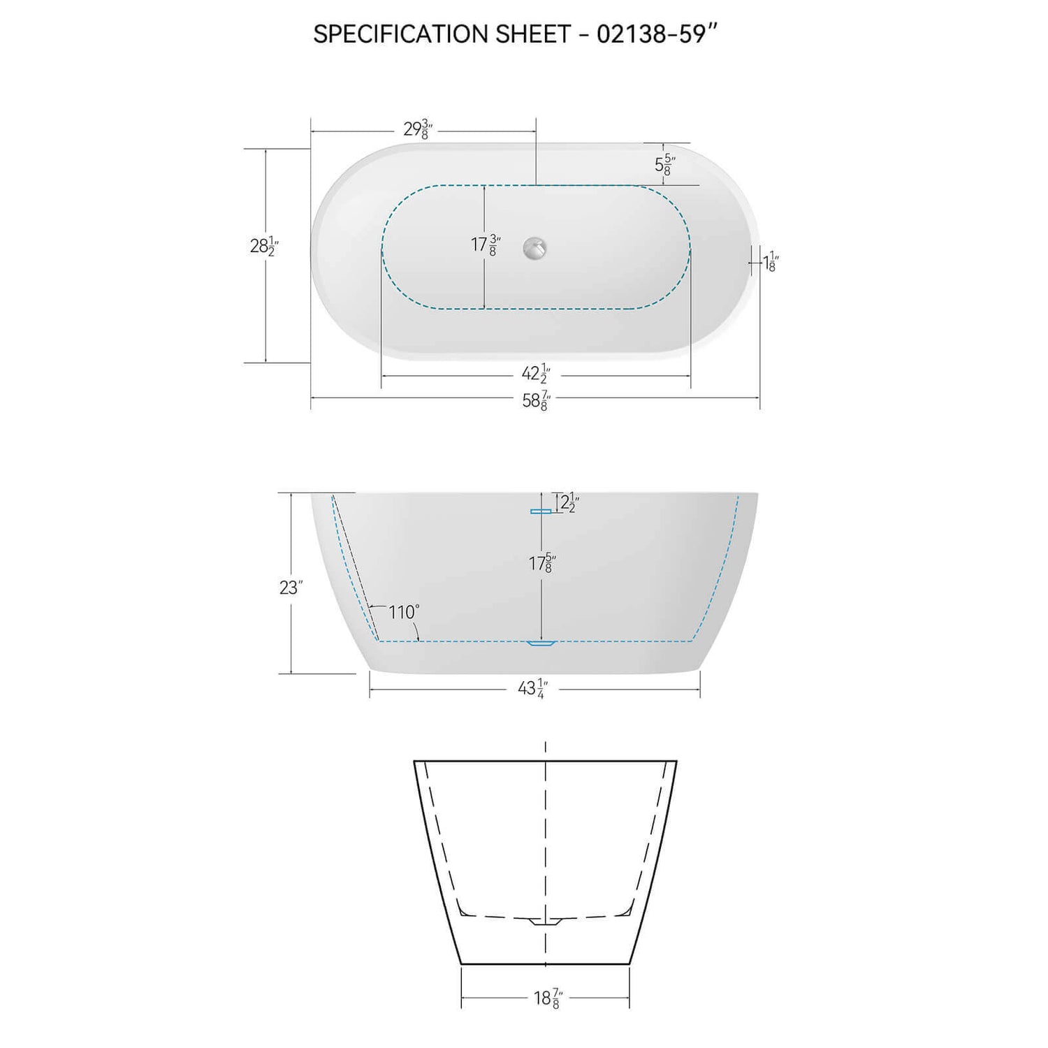 59 inch small acrylic soaking tub dimensions and specifications