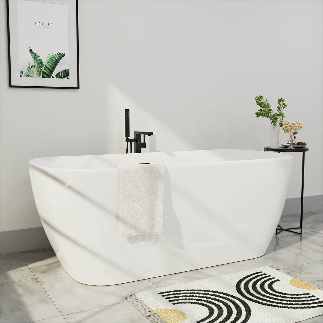 59 Inch Modern White Acrylic Flatbottom Freestanding Soaking Bathtub