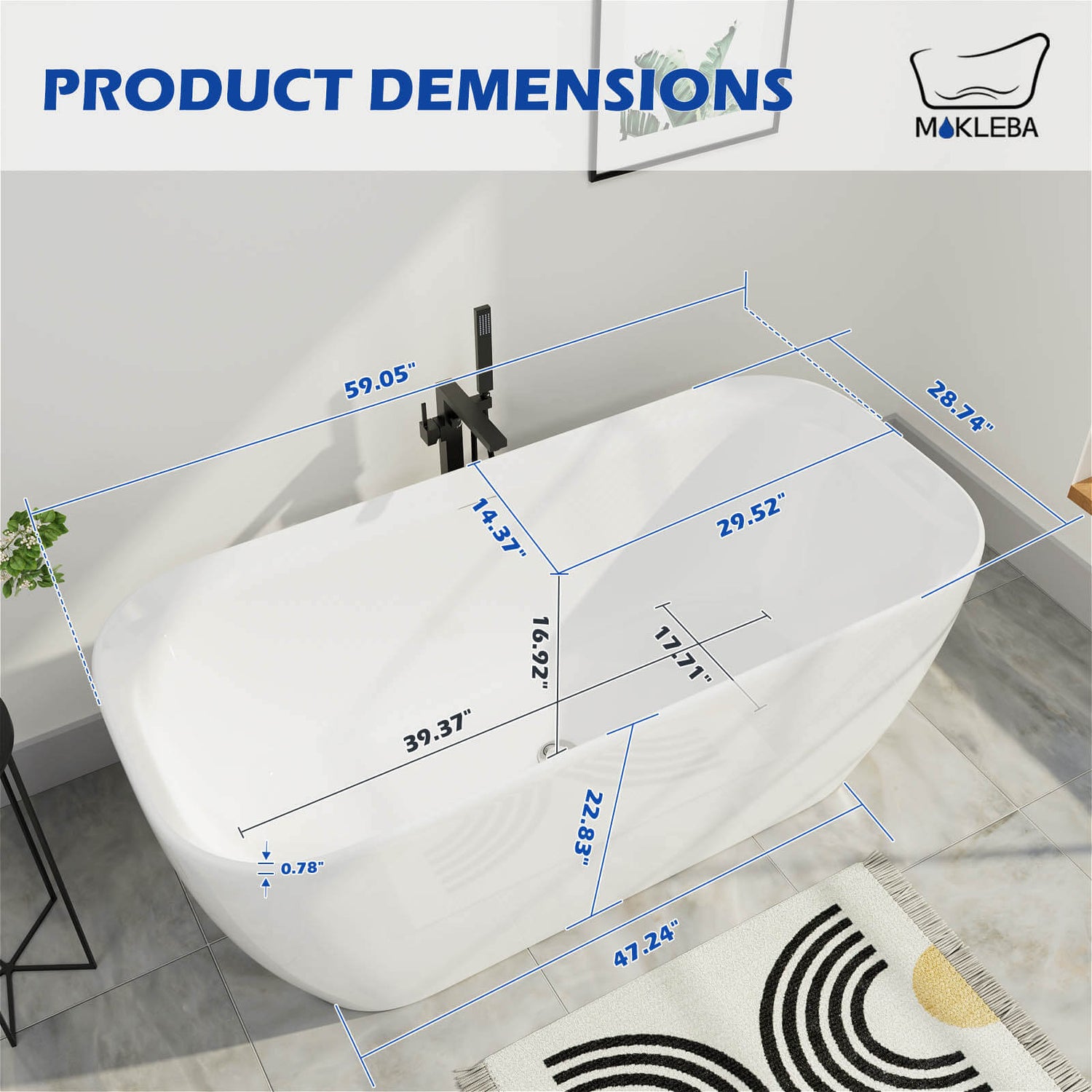 59 Inch White Acrylic Freestanding Soaking Bathtub Size