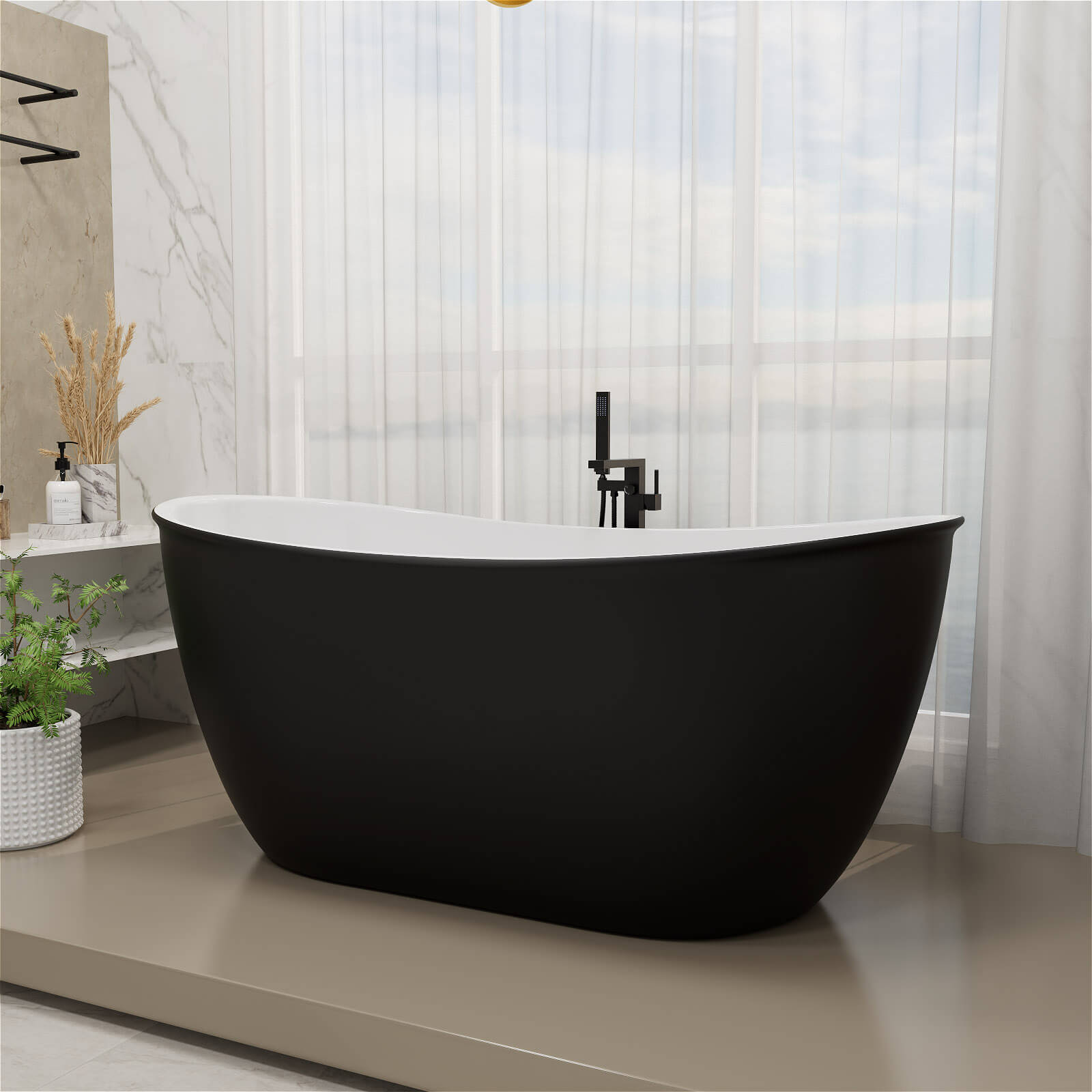 59 inch Acrylic Double Slipper Black Tub