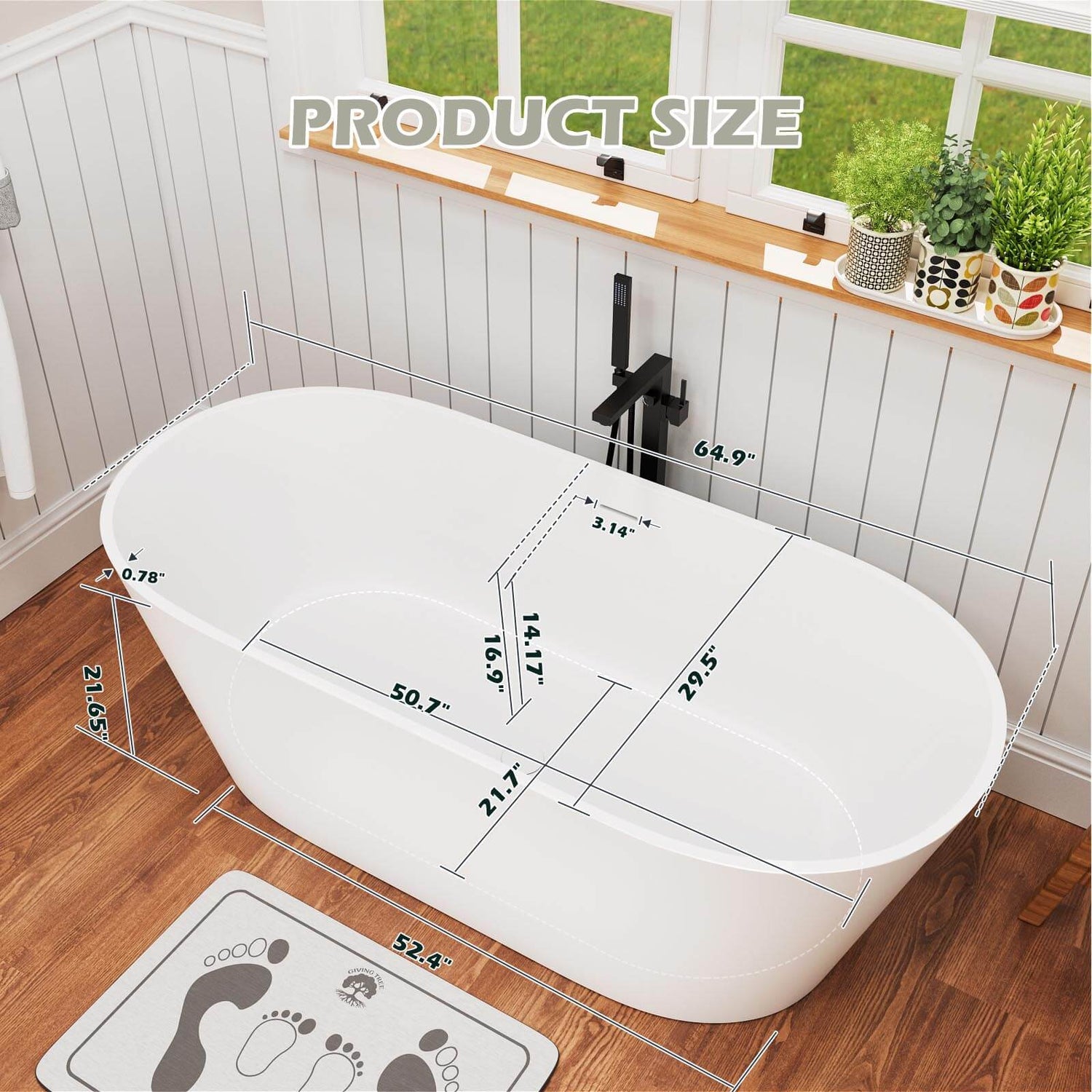 65&quot; Stone Resin Bathtub Oval-shaped Solid Surface Stand Alone Tub with Pop-up Drain